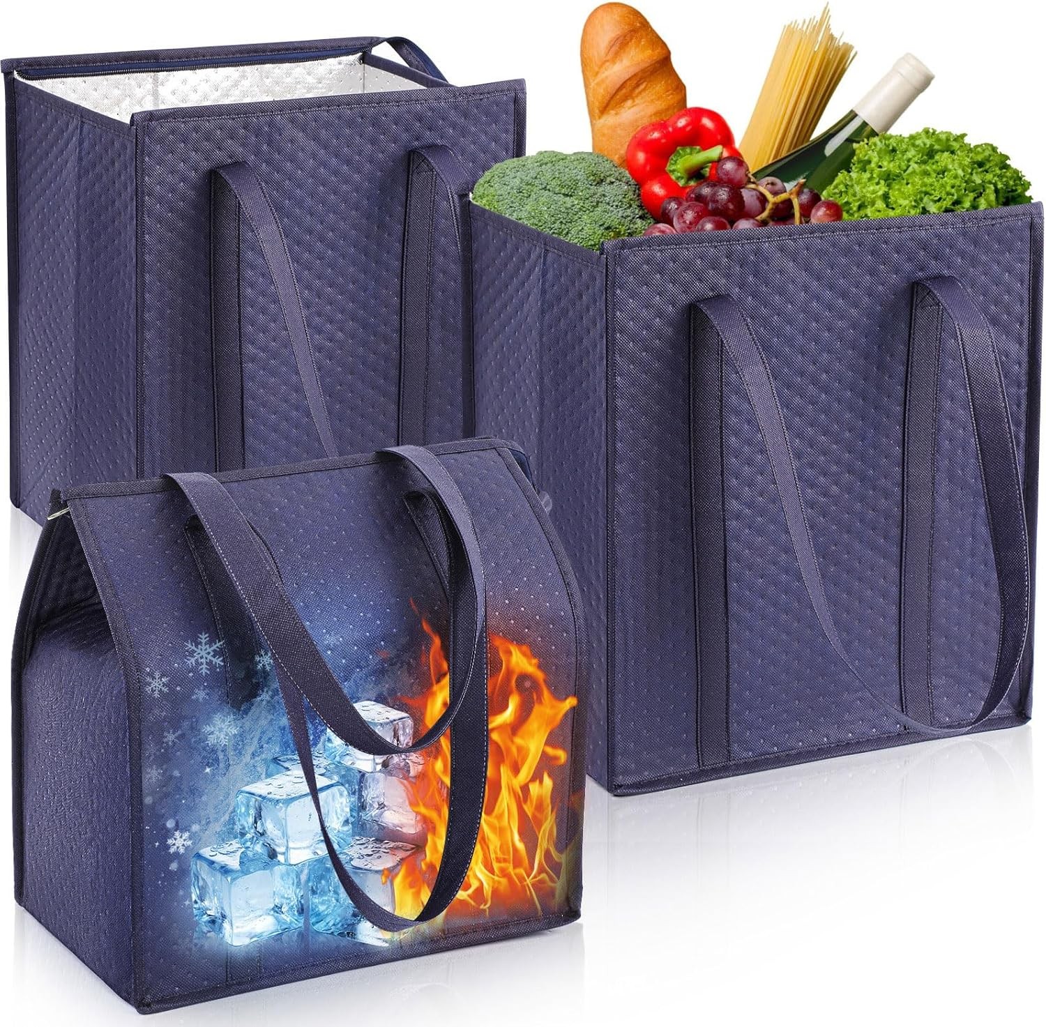 3 Pcs XL-Large Insulated Grocery Bags with Zippered Top & Handle-Reusable,