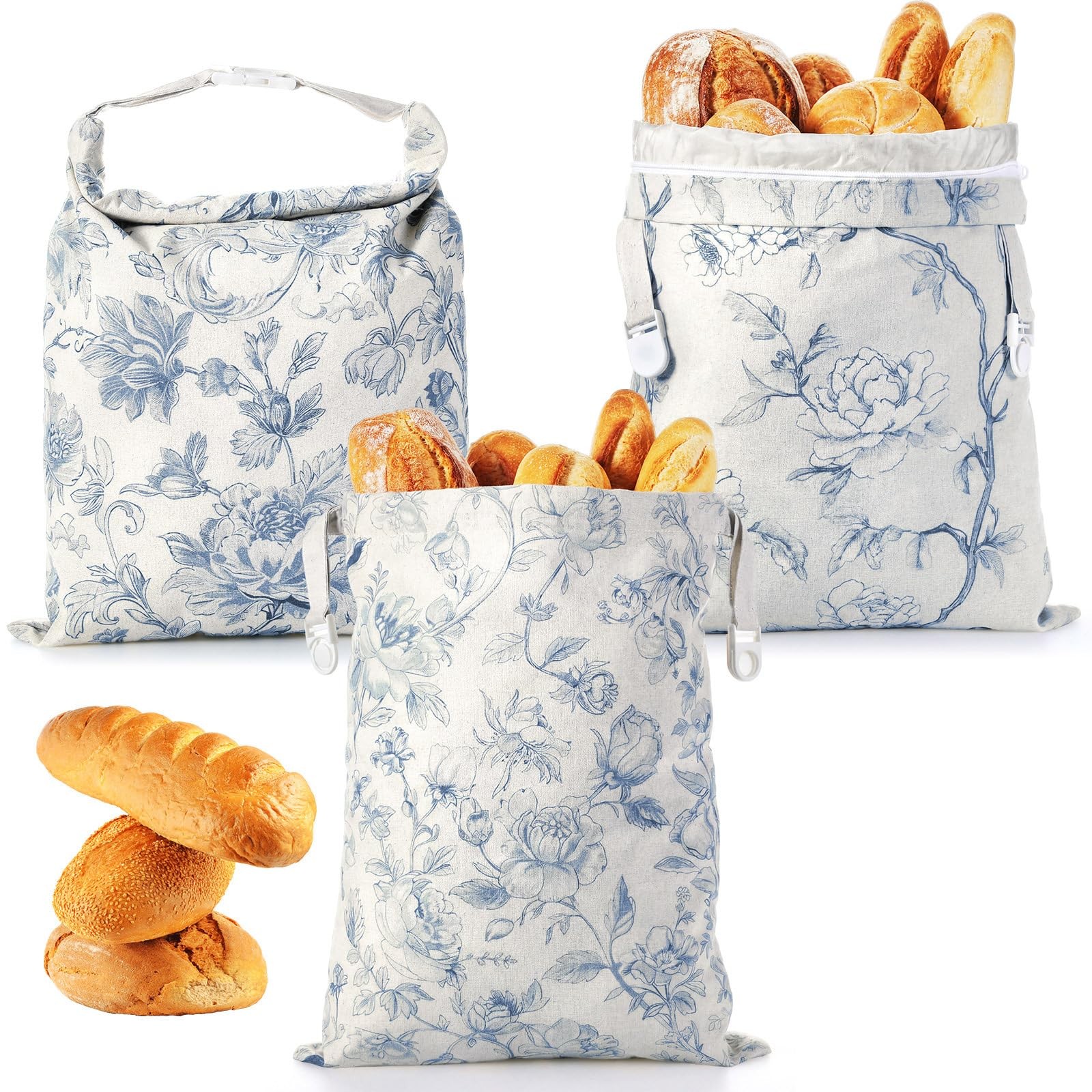 Tallew 3 Packs Beeswax Bread Bags for 17 inches x 13 inches, blue, white