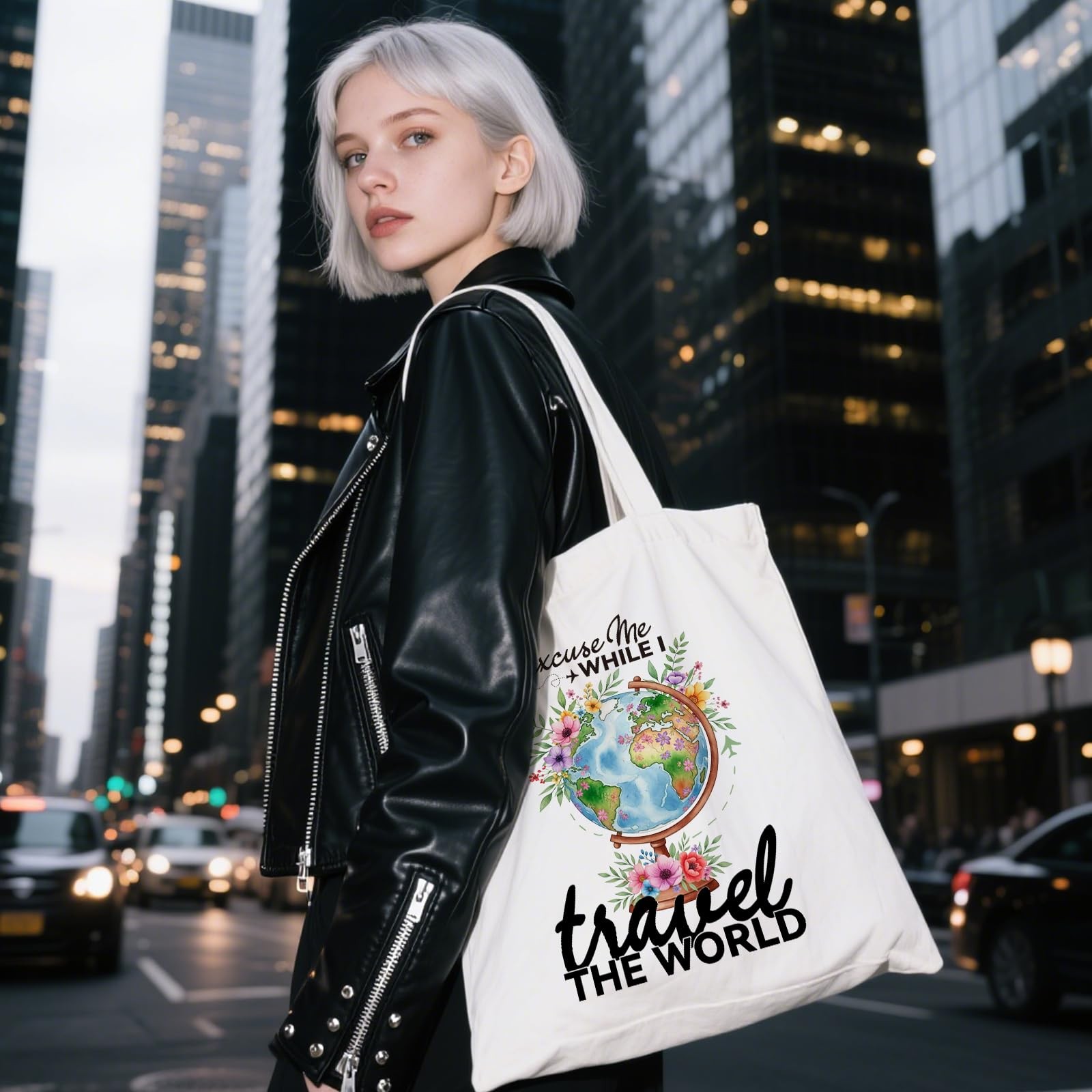 Durable ANATTASOUL Women’s Canvas Tote: Globe Floral, Zip Pockets, Versatile