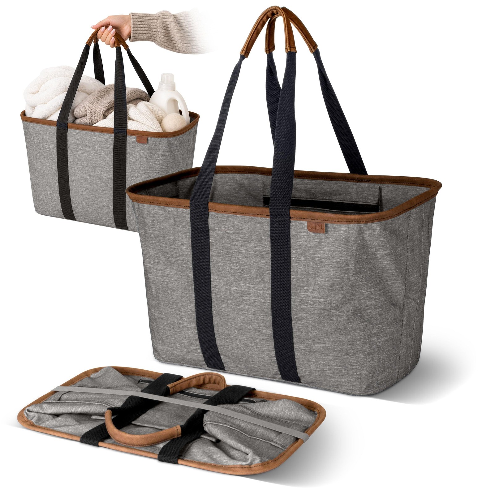 CleverMade Collapsible LUXE Tote, 30L Foldable Grocery 30L, Heather Gray