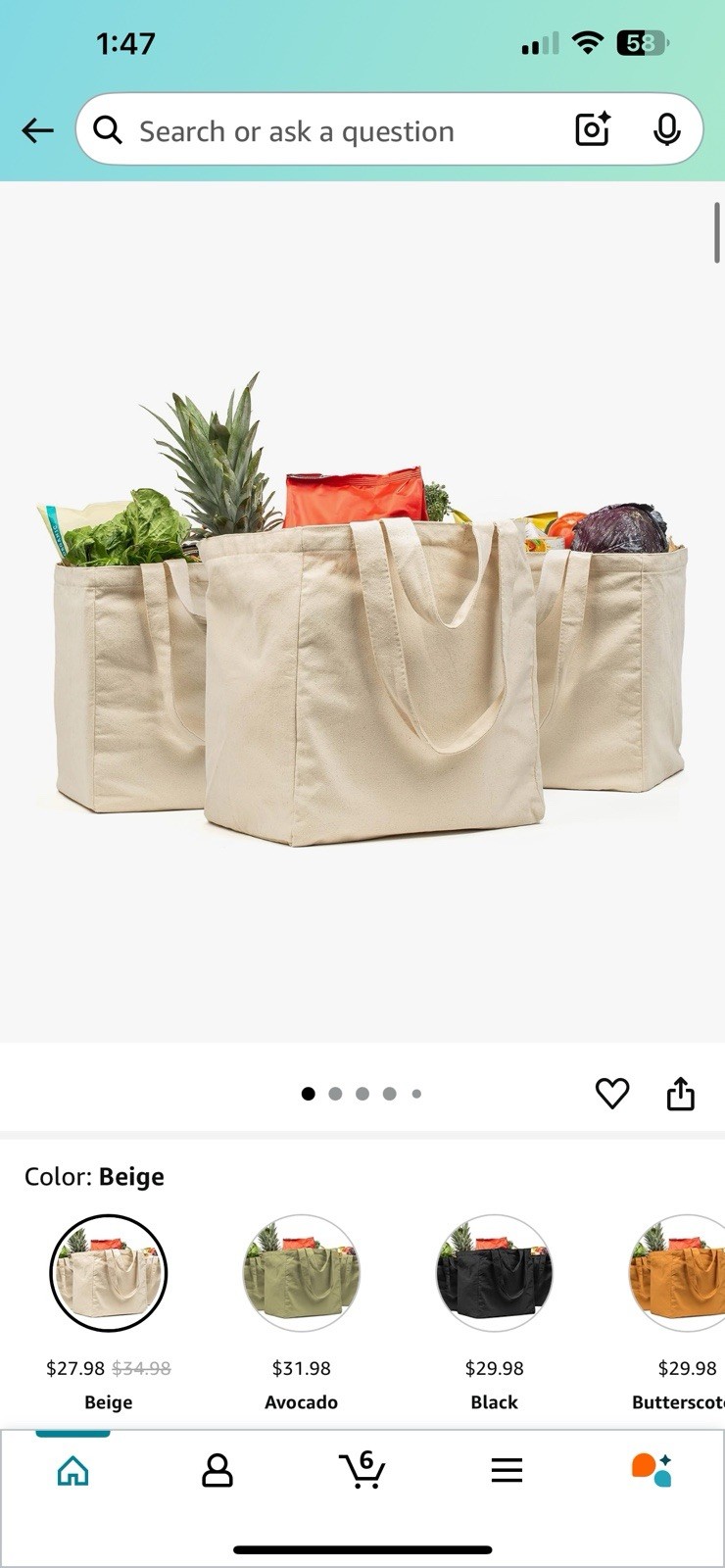 VeraMia Canvas Grocery Bag 3pc XL Pockets Long Shoulder Strap Handle Heavy Duty