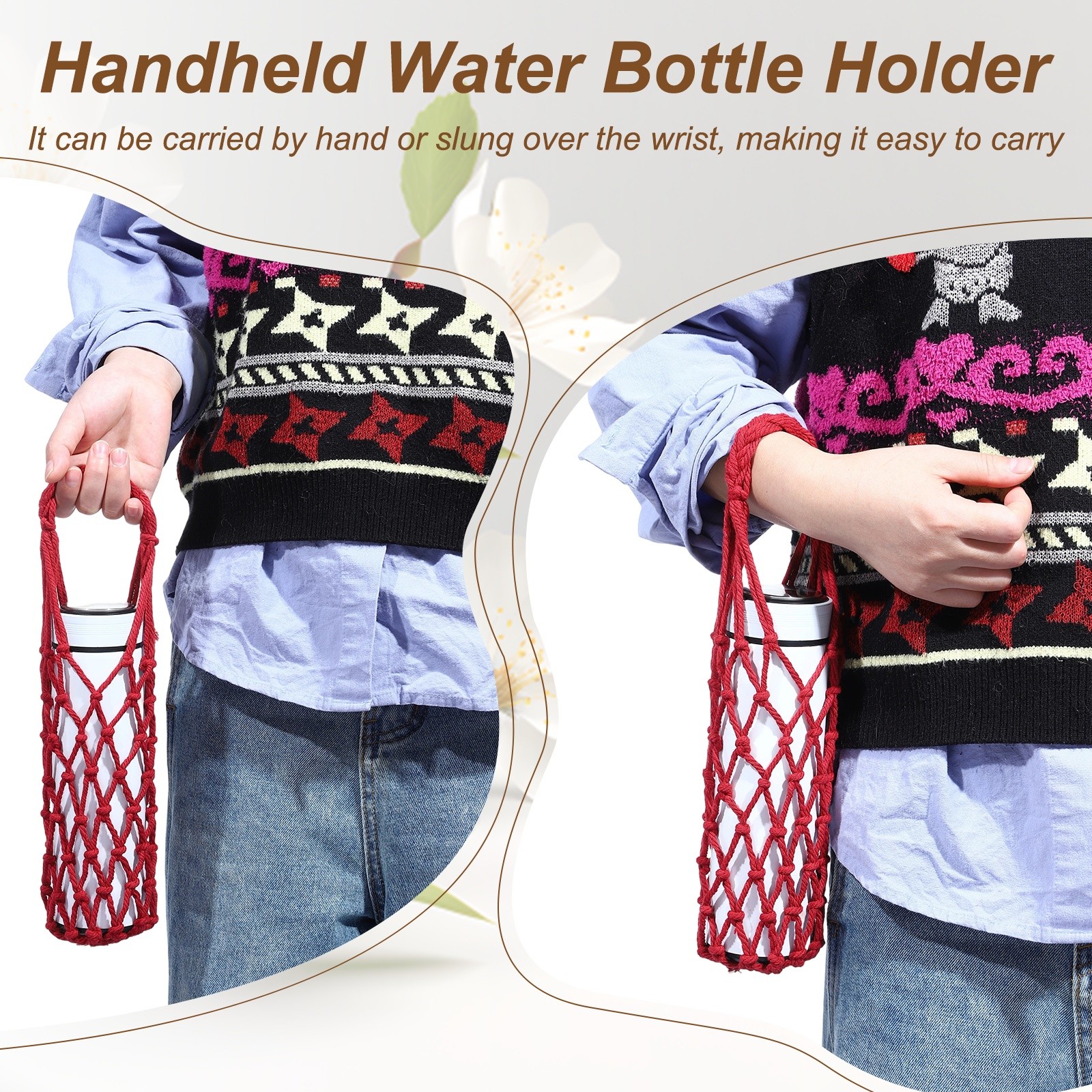 2 Pcs Crochet Water Bottle Carrier Bag for Hiking Shopping (Light Purple)