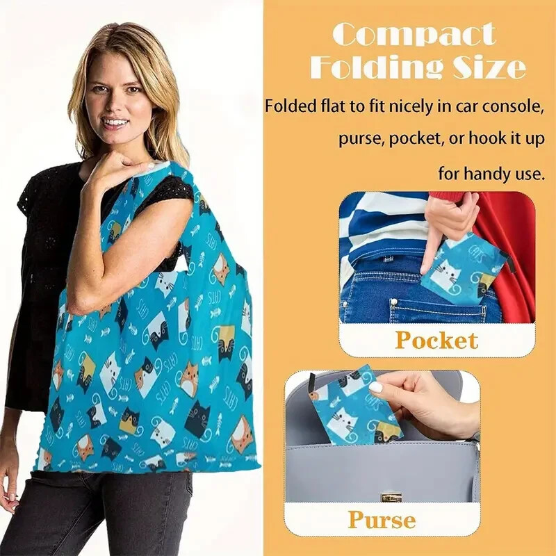 Teal Kitty Print Reusable Shopping Bag, Large Capacity