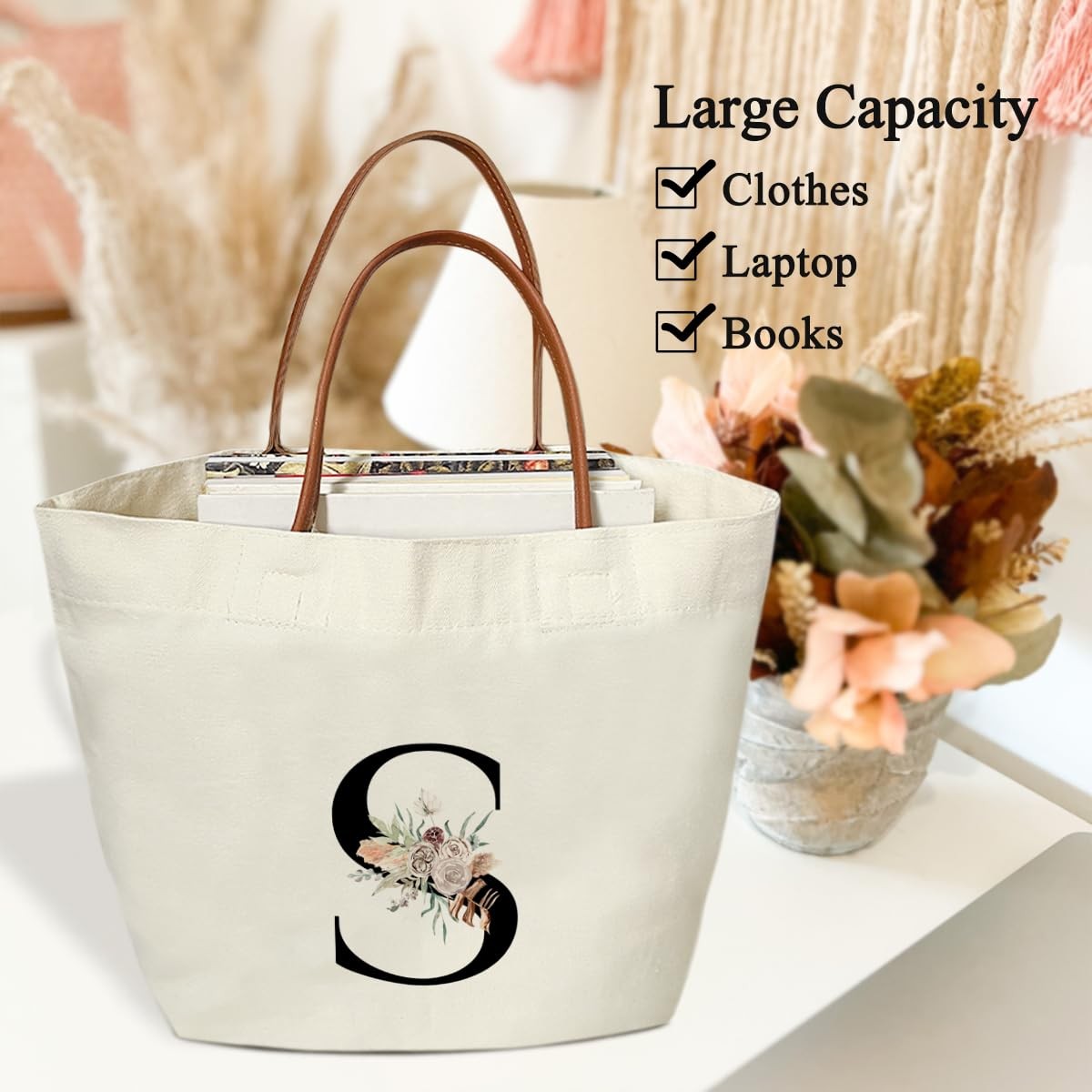 Boho Monogram Initial S Tote Bags for , Personalized Canvas Tote Bags Monogra…