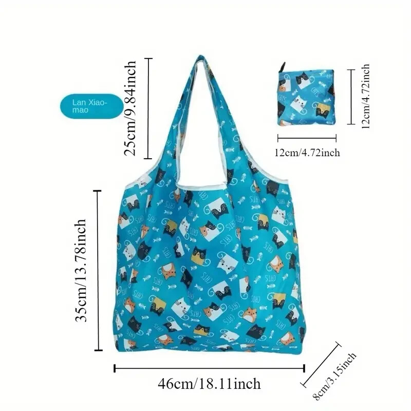 Teal Kitty Print Reusable Shopping Bag, Large Capacity