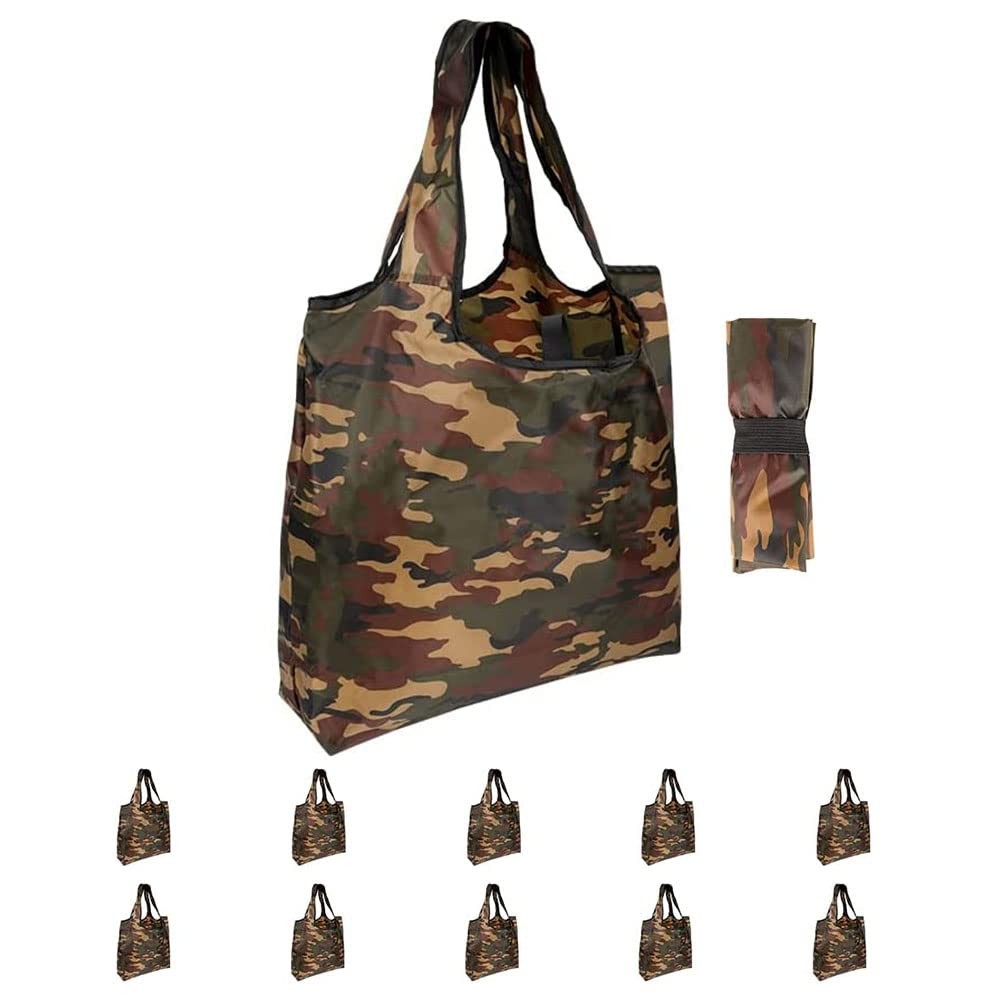 10 Pack 15×4.5×15 Inch Camo Reusable Shopping Bags with Handles Bulk, Foldabl…