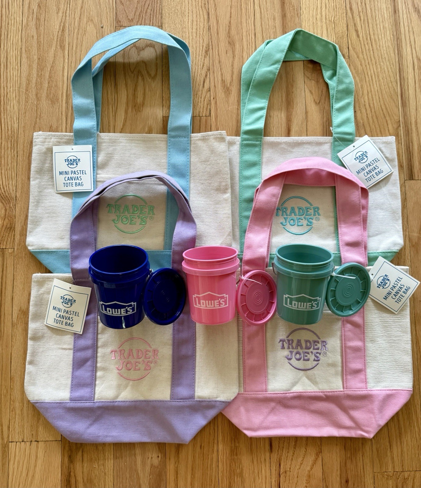 4x TRADER JOE’S Mini Pastel Canvas Totes + 3x LOWE’S Mini Buckets w/Lids. NWT!