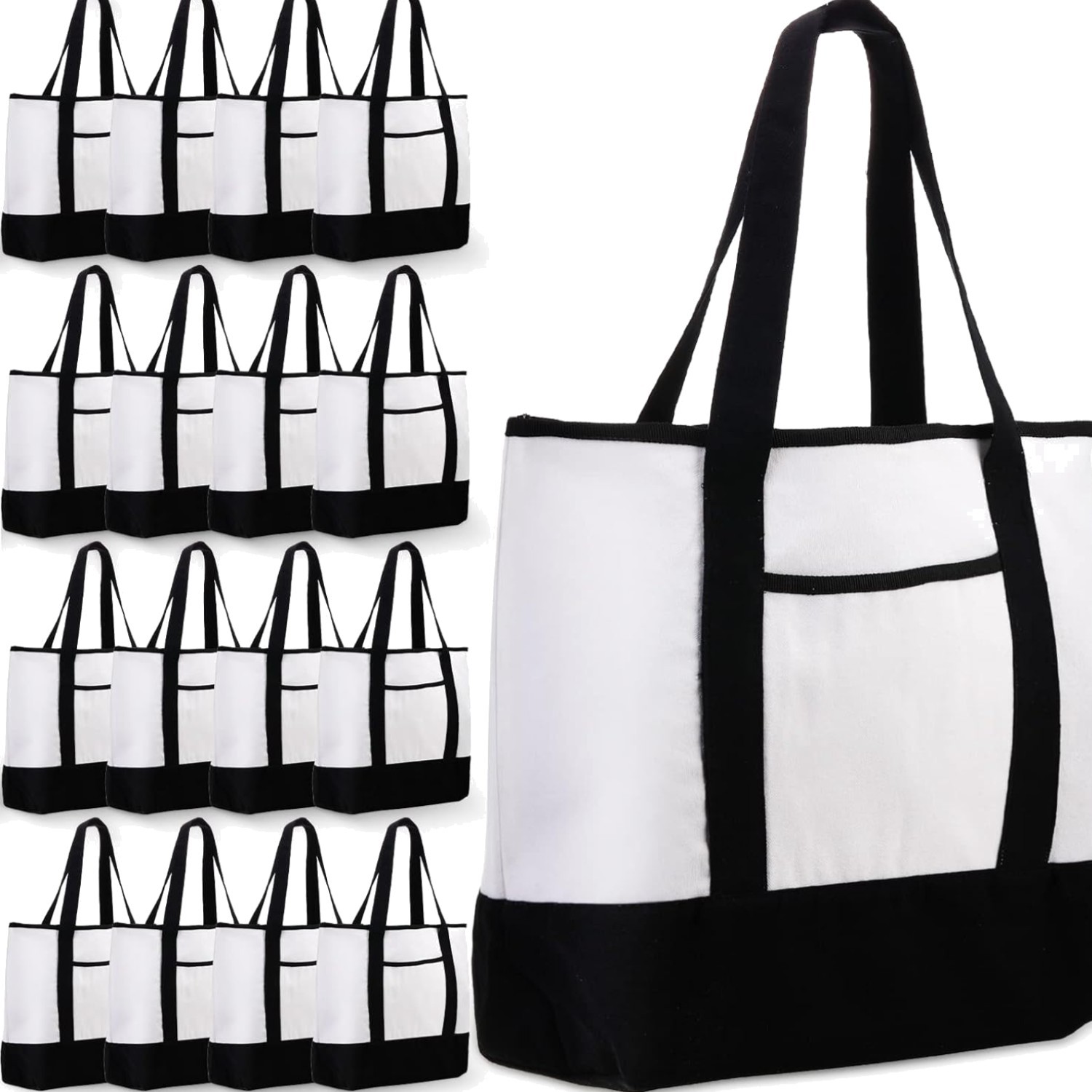 Canvas Tote Bags Bulk with Outer Pocket 18 Inch Reusable Shopping Grocery Bla…