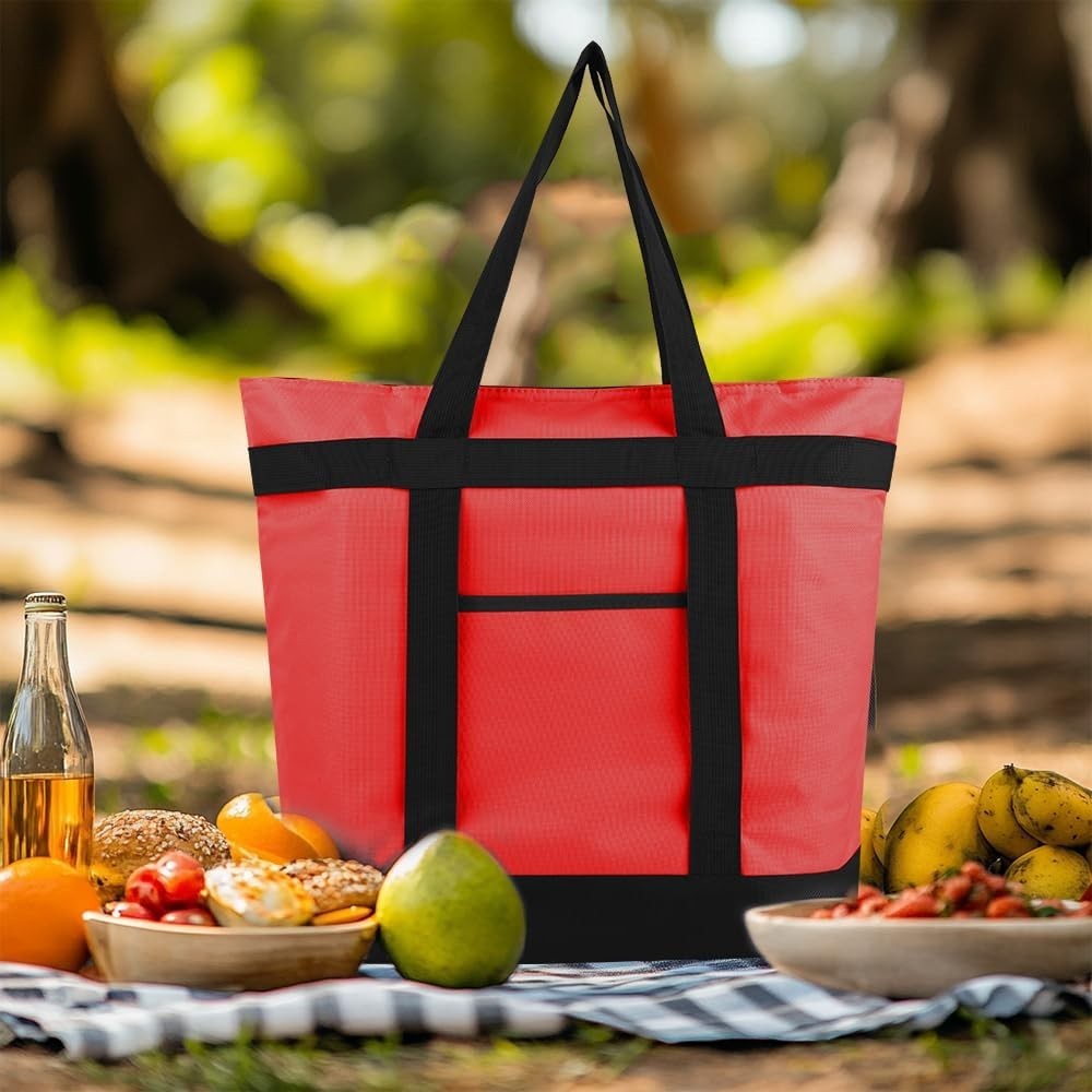 Insulated Grocery Tote Bags Large Reusable Cooler Bags w/ Zipper Leakproof Red
