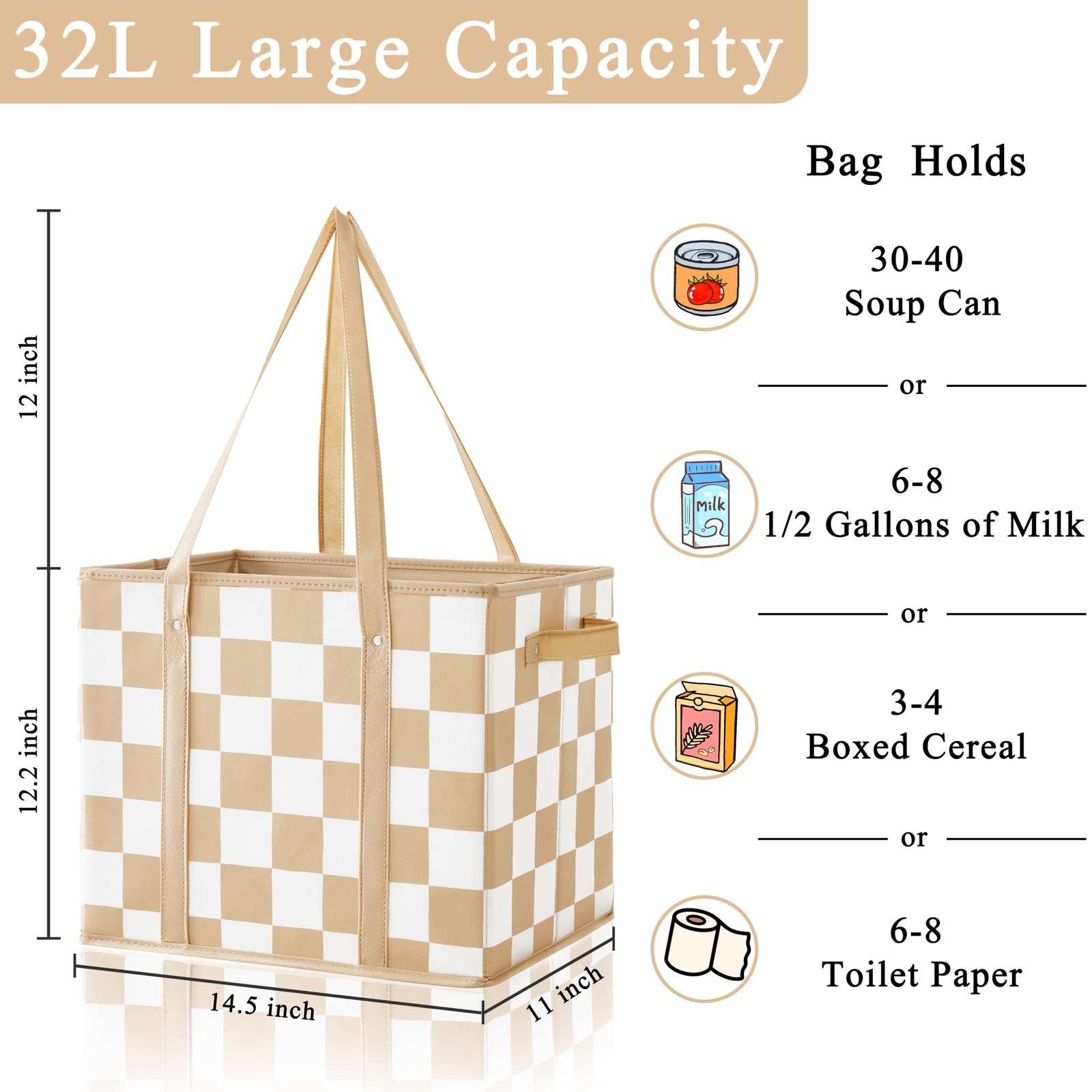 Biege Checkered Reusable Grocery Bags Heavy Duty 3 Pack Checkerboard Foldable…