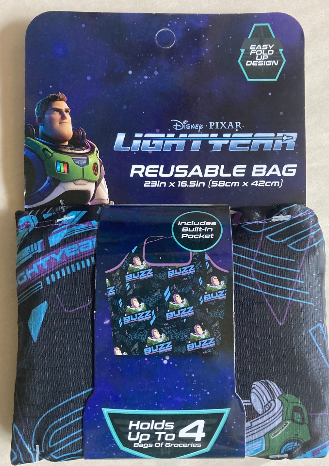 Disney Pixar LIGHTYEAR Reusable Grocery Bag 23″ x 16.5″ Pocket Easy Fold Up (D)
