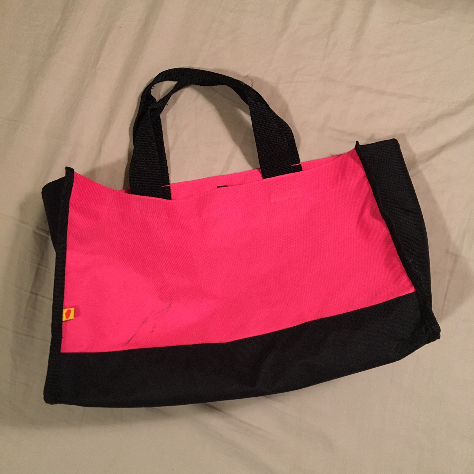 Pink & Black 2-handle Tote Reusable Bag, about 15” x 5” x 9” tall Nylon, stained