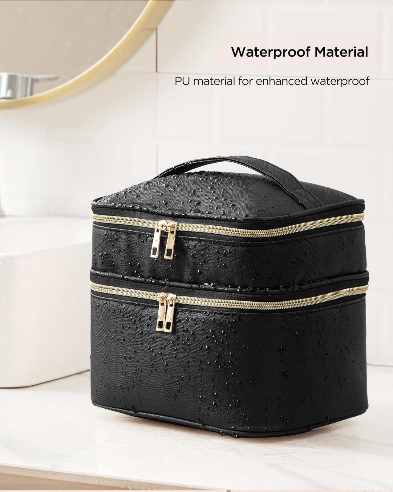 HBlife Double Layer Travel Makeup Bag Portable Cute Leather Large, Black