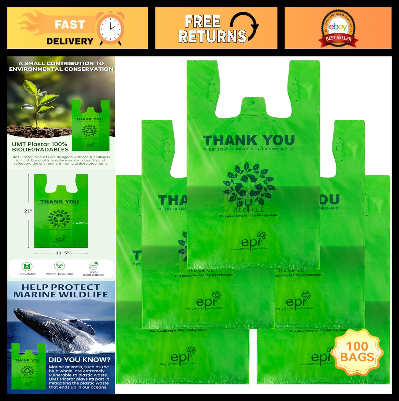 100 Compostable Reusable T-Shirt Bags | Eco-Friendly Grocery Bags 100 Count | Du