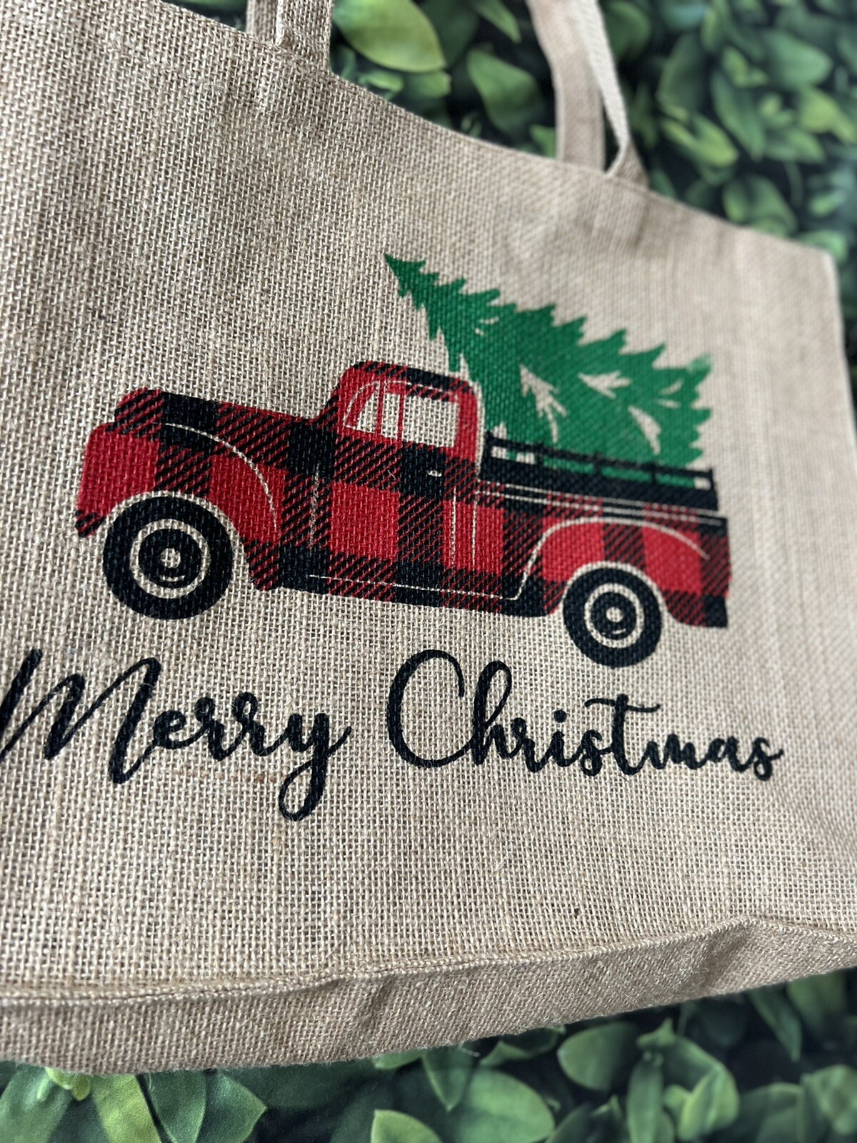 New Country Farmhouse Rustic VINTAGE RED TRUCK MERRY CHRISTMAS Burlap Tote Bag