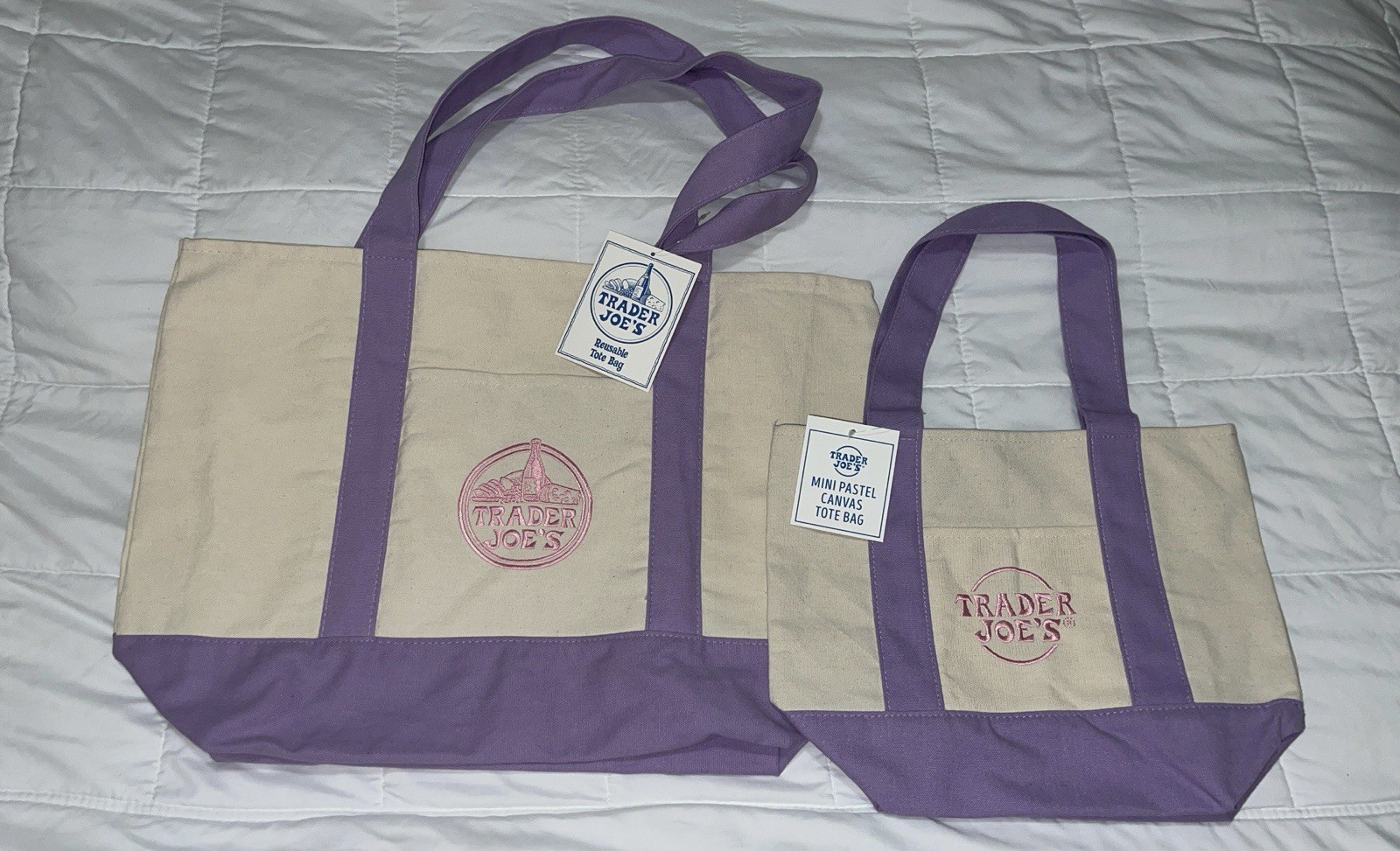 Trader Joe’s Canvas Tote Bag Set Beige Lavender Two-Piece Large Small Reusable