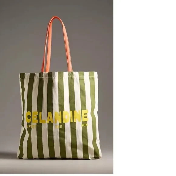NEW Anthropologie Celandine Tote Bag & Sunglass Case Green Stripe NWT