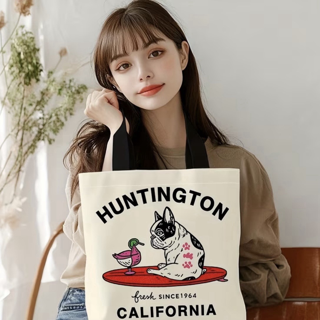 1pc Double-Sided 2D Flat Printing Shopping Tote Bag, Huntington, Bulldog