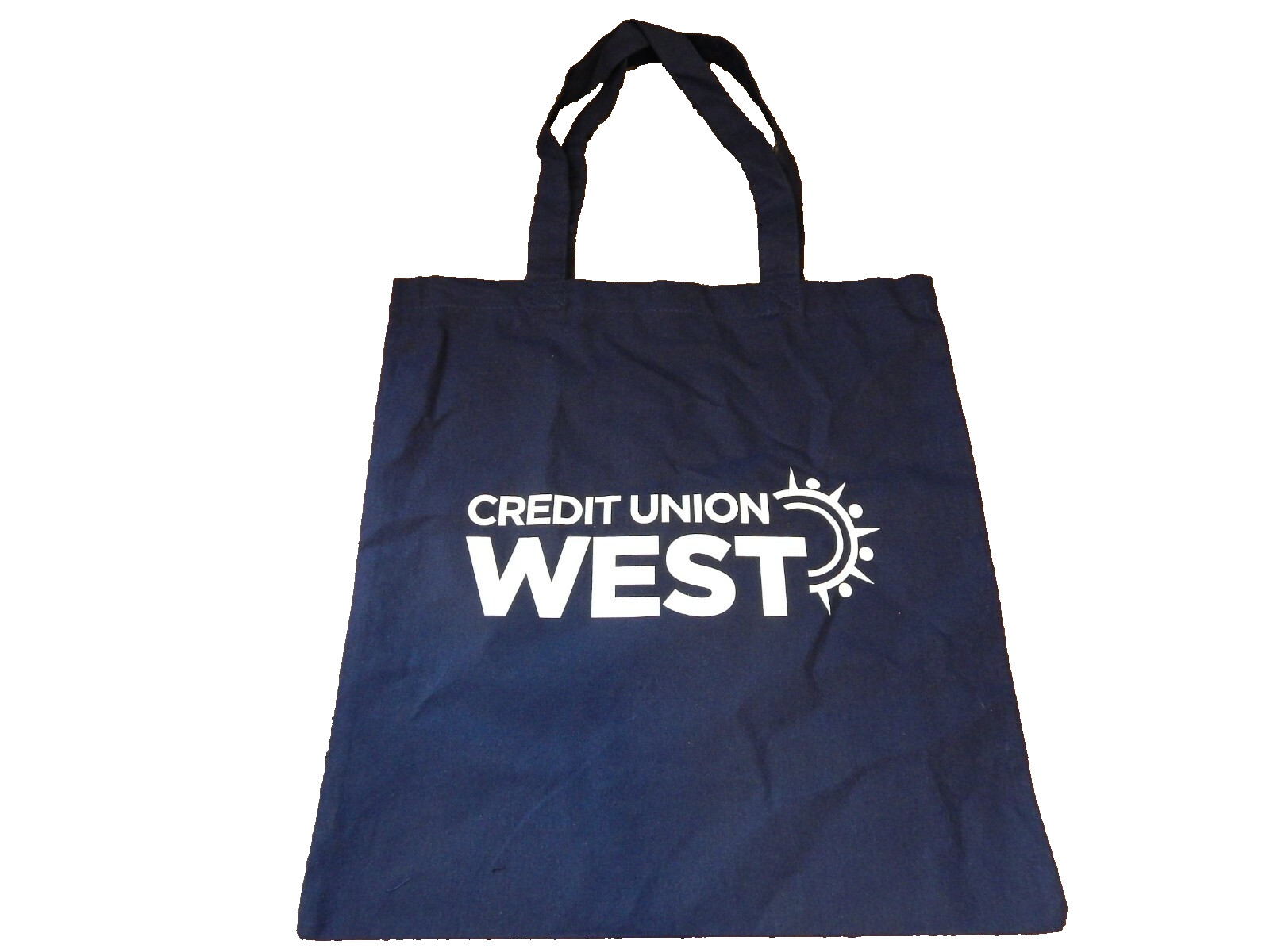 CREDIT UNION WEST BANK REUSABLE ECO GROCERY BAG TOTE BLUE WHITE WASHABLE NEW