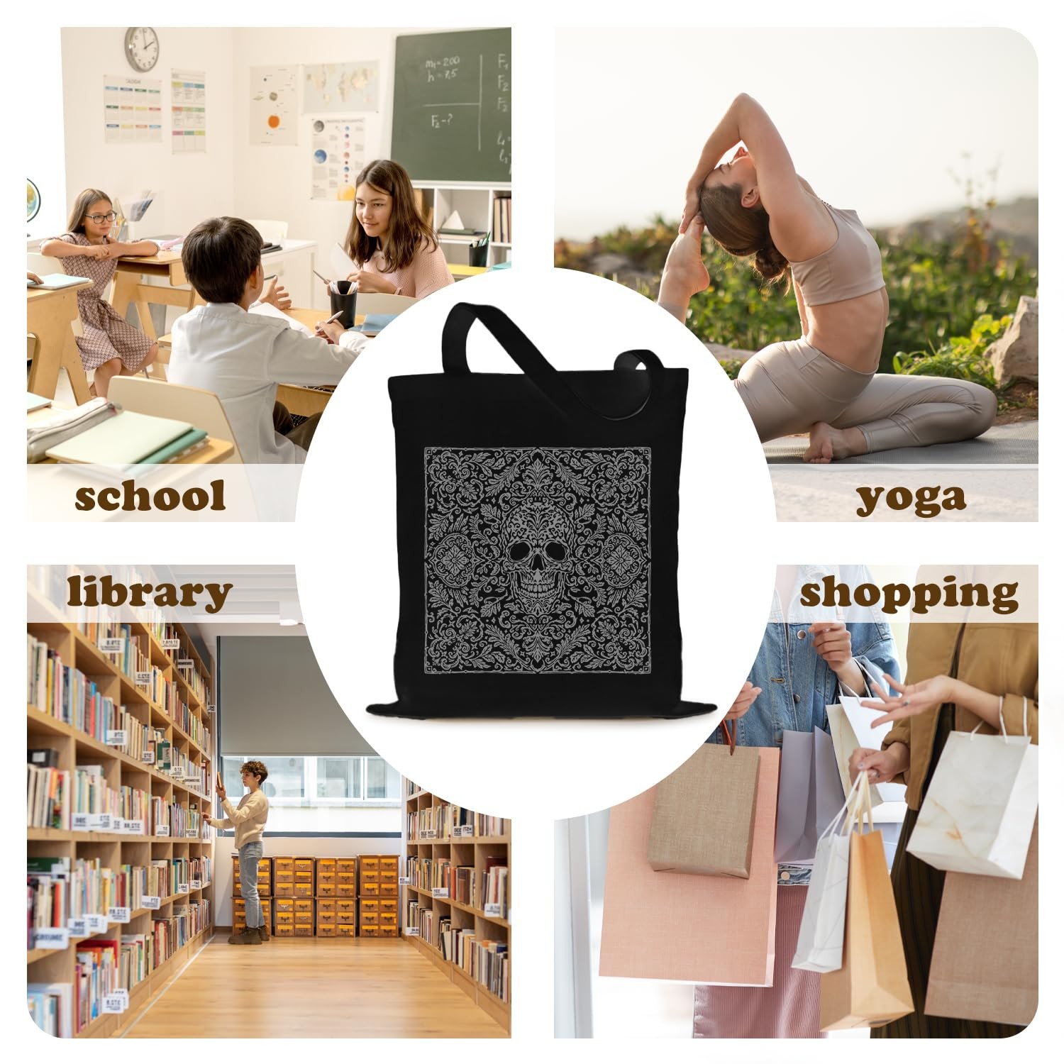Aesthetic Canvas Tote Bag with Pattern for Women, Stylish Funny Goth Skeleton…