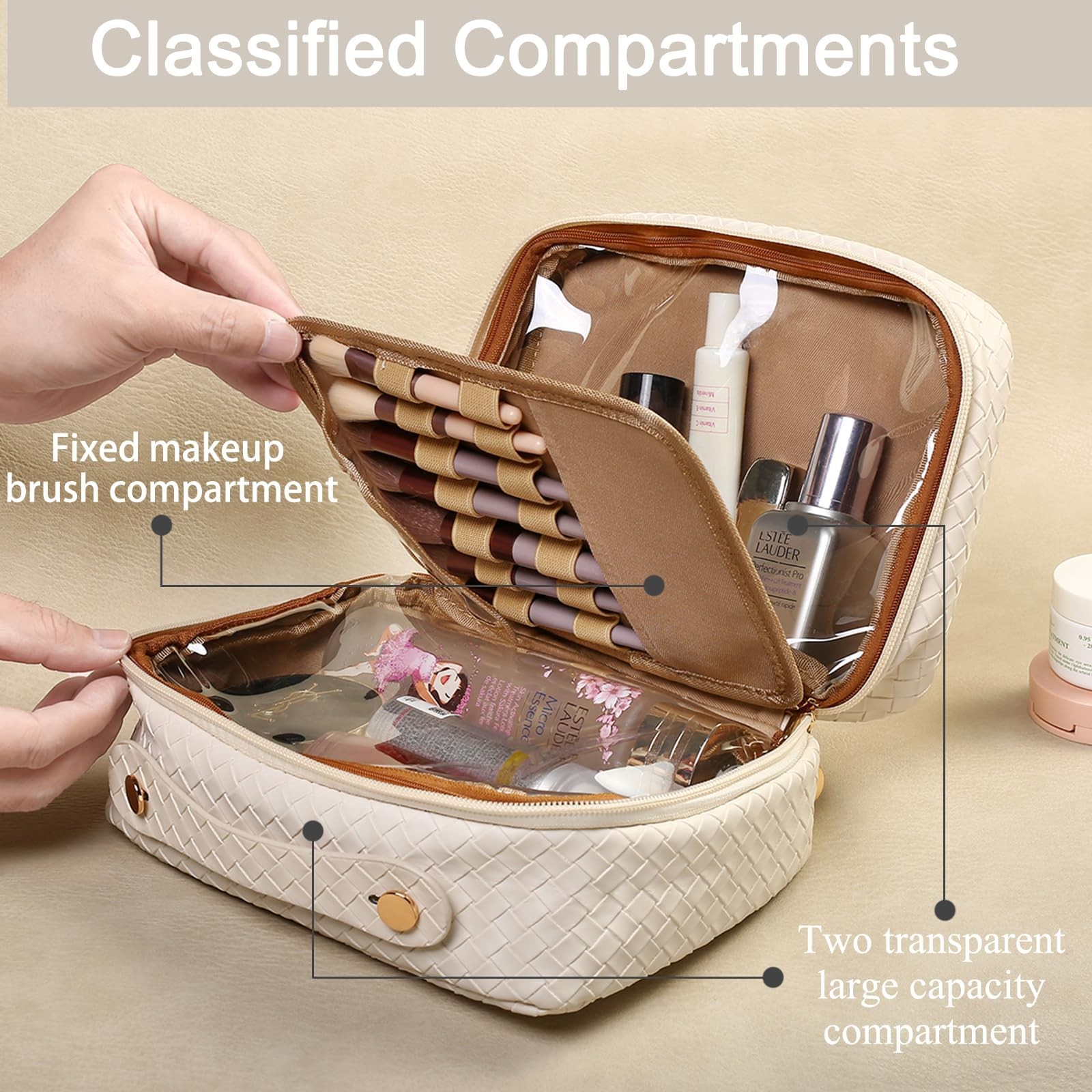 BAKLUCK Travel Makeup Bag Large Capacity Cosmetic Bags with Clear Woven-Beige
