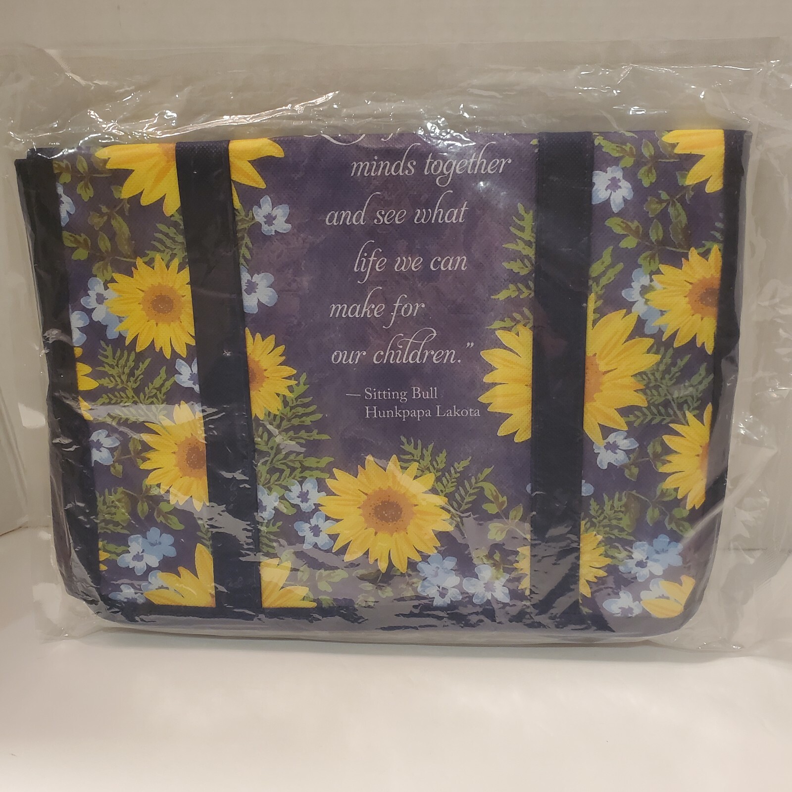 Sitting Bull Quote Floral Tote Insulated Shopping Bag 13″ x 14 Blue Yellow NEW