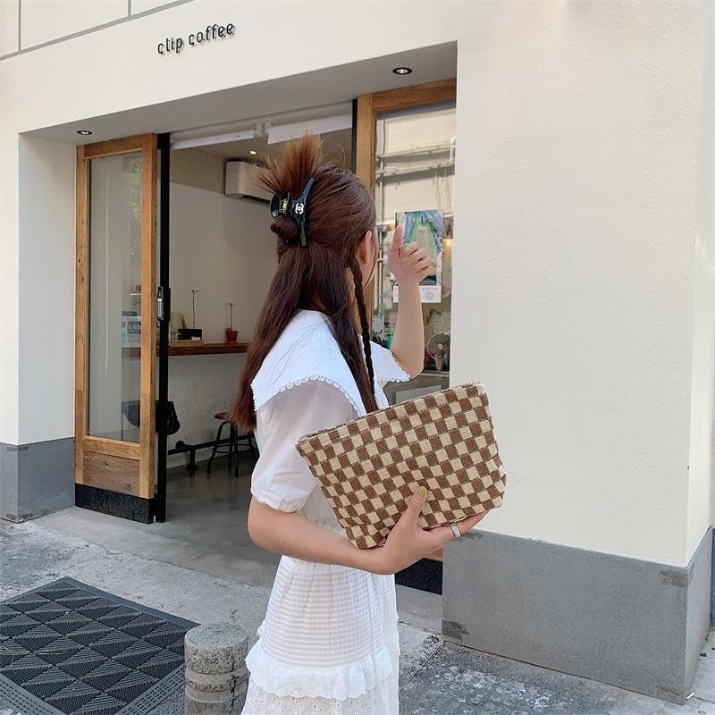 FFpaw 3Pcs Makeup Bag Set for Women, Checkered Cosmetic Travel Brown