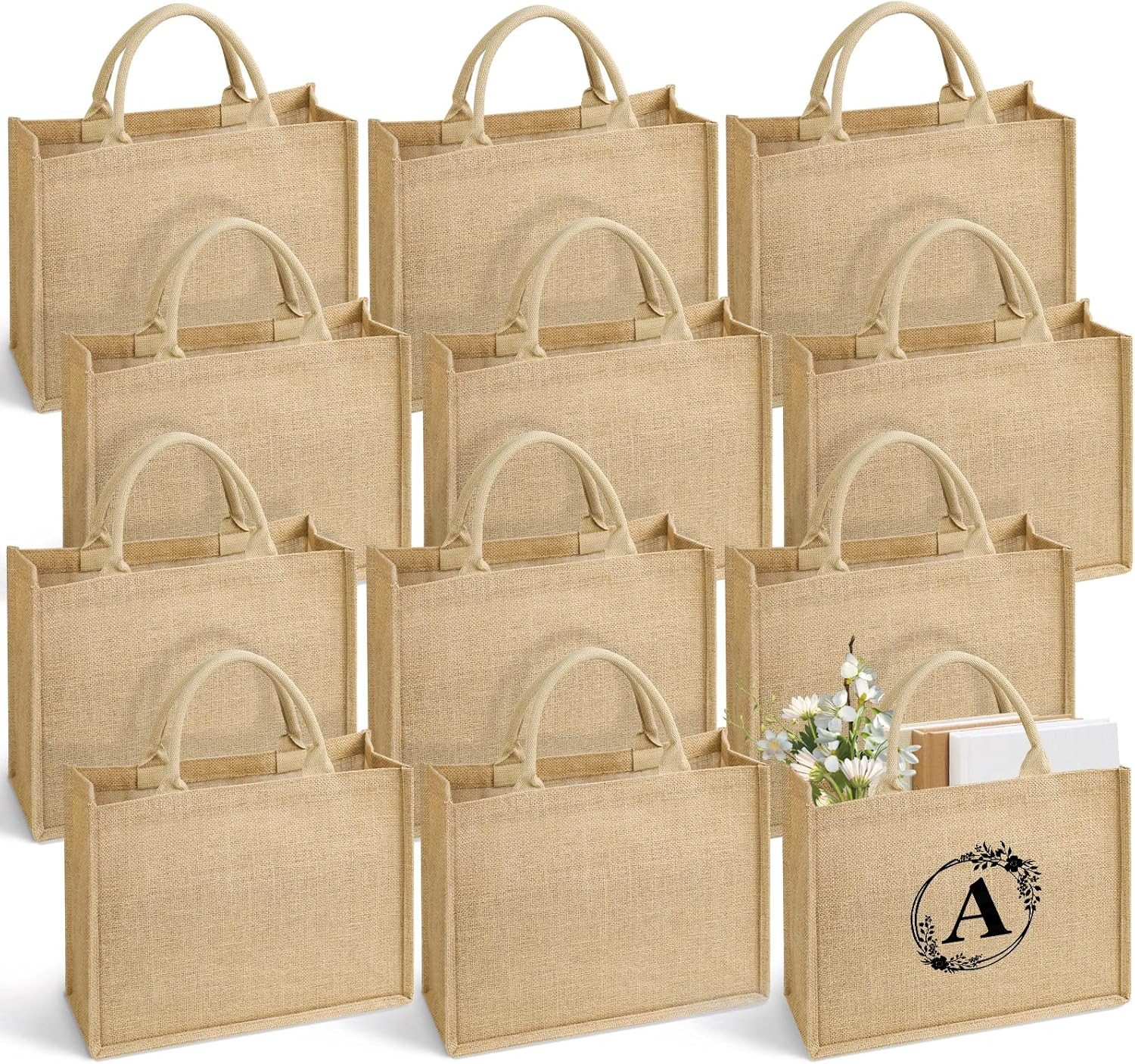 12 Pack Burlap Tote Bags with Handles & 26 Iron-On Letters for DIY Crafts