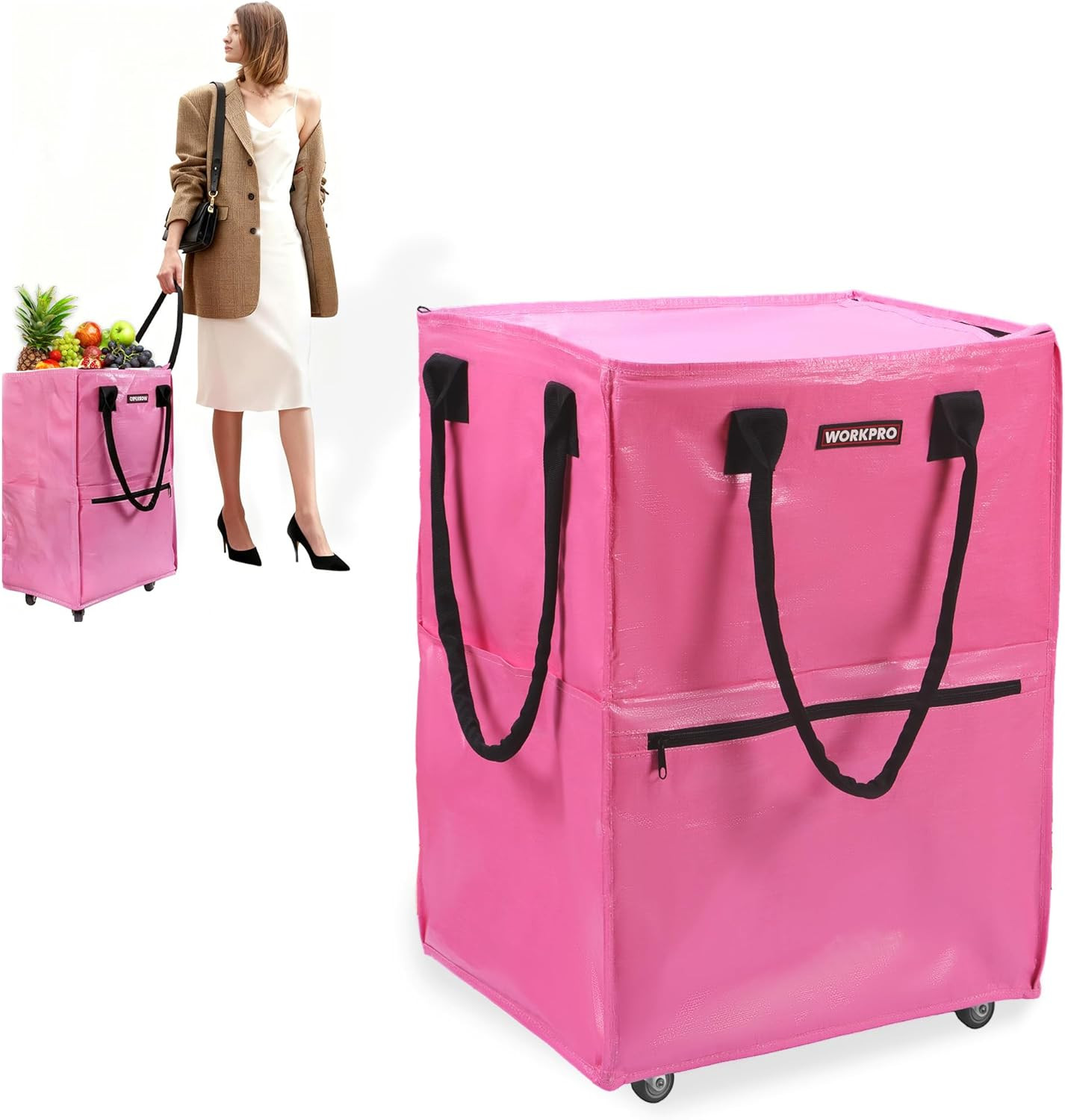 Large Rolling Grocery Bag, 36-Gallon Tote with 5 Wheels, 110 Lbs Capacity, Dual