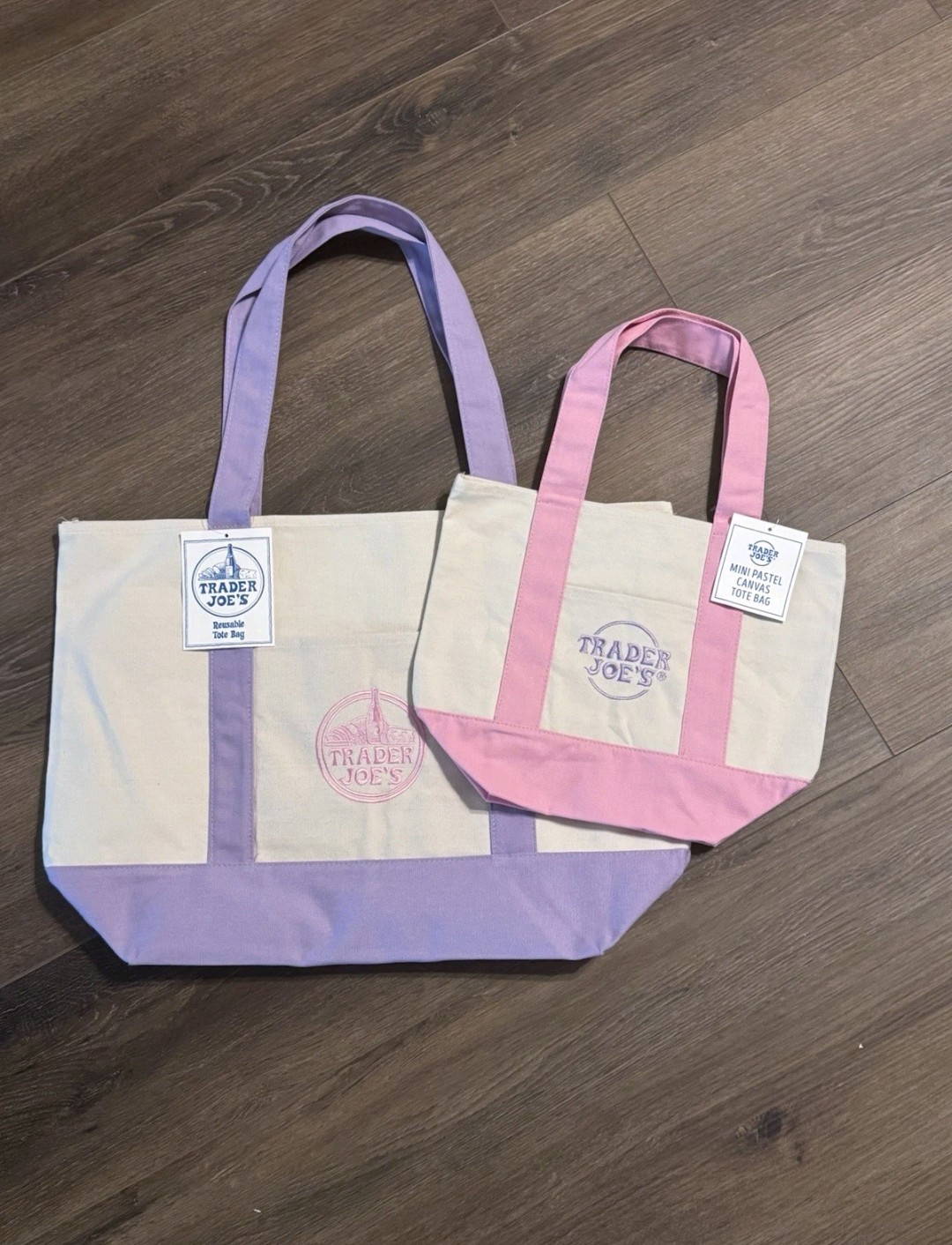 Trader Joe’s LARGE LAVENDER AND MINI PINK Canvas Tote Bag Set Of 2 VIRAL NWT!