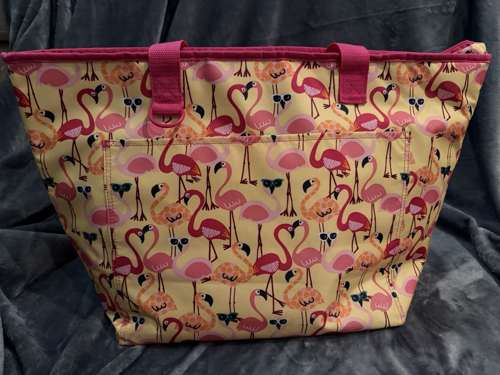 Thirty-One Flamingo Print Insulated Foldable Shopping Bag Pink Yellow Polyester