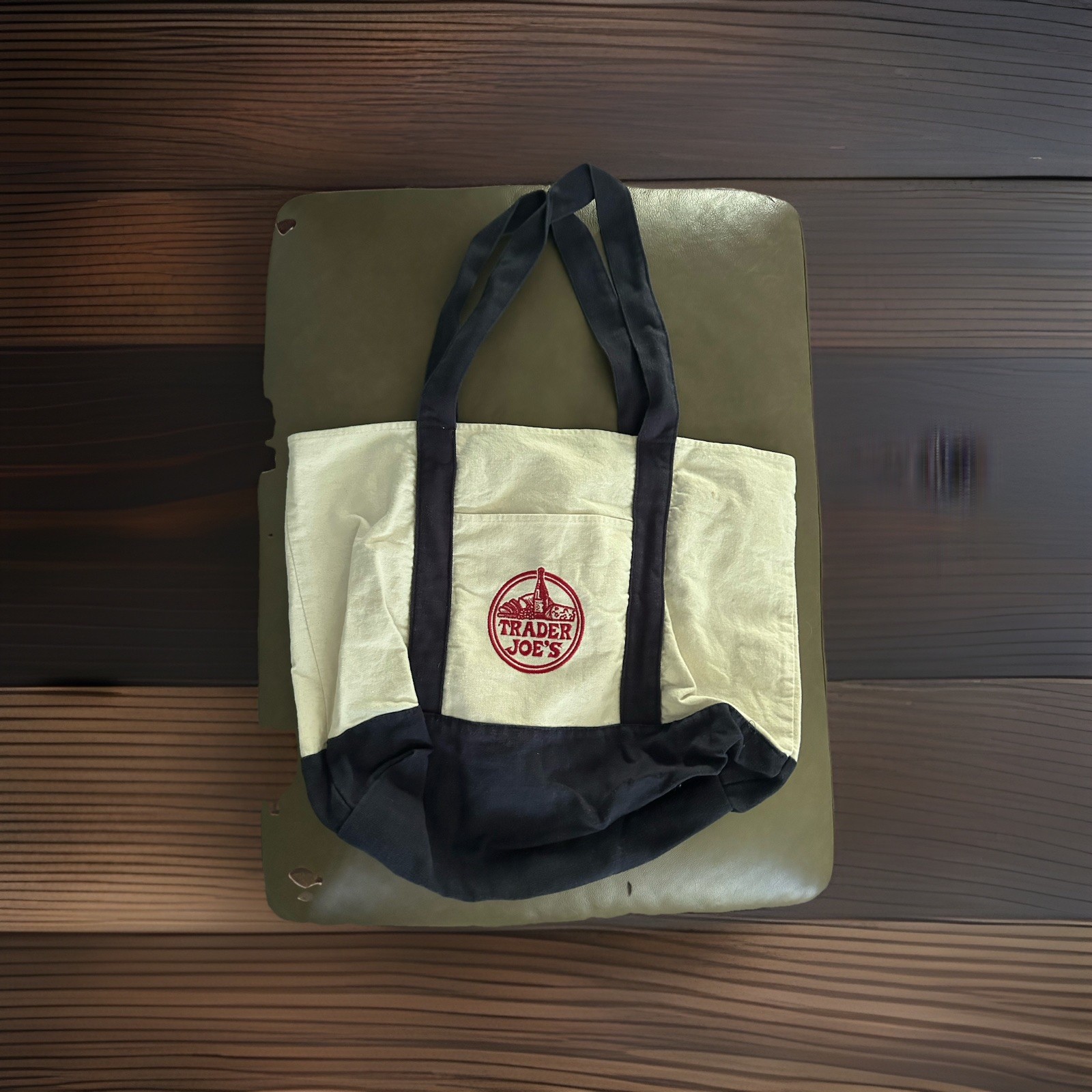 Trader Joe’s Canvas Tote Bag Embroidered Navy Ecru Shopping Side Pockets Vietnam