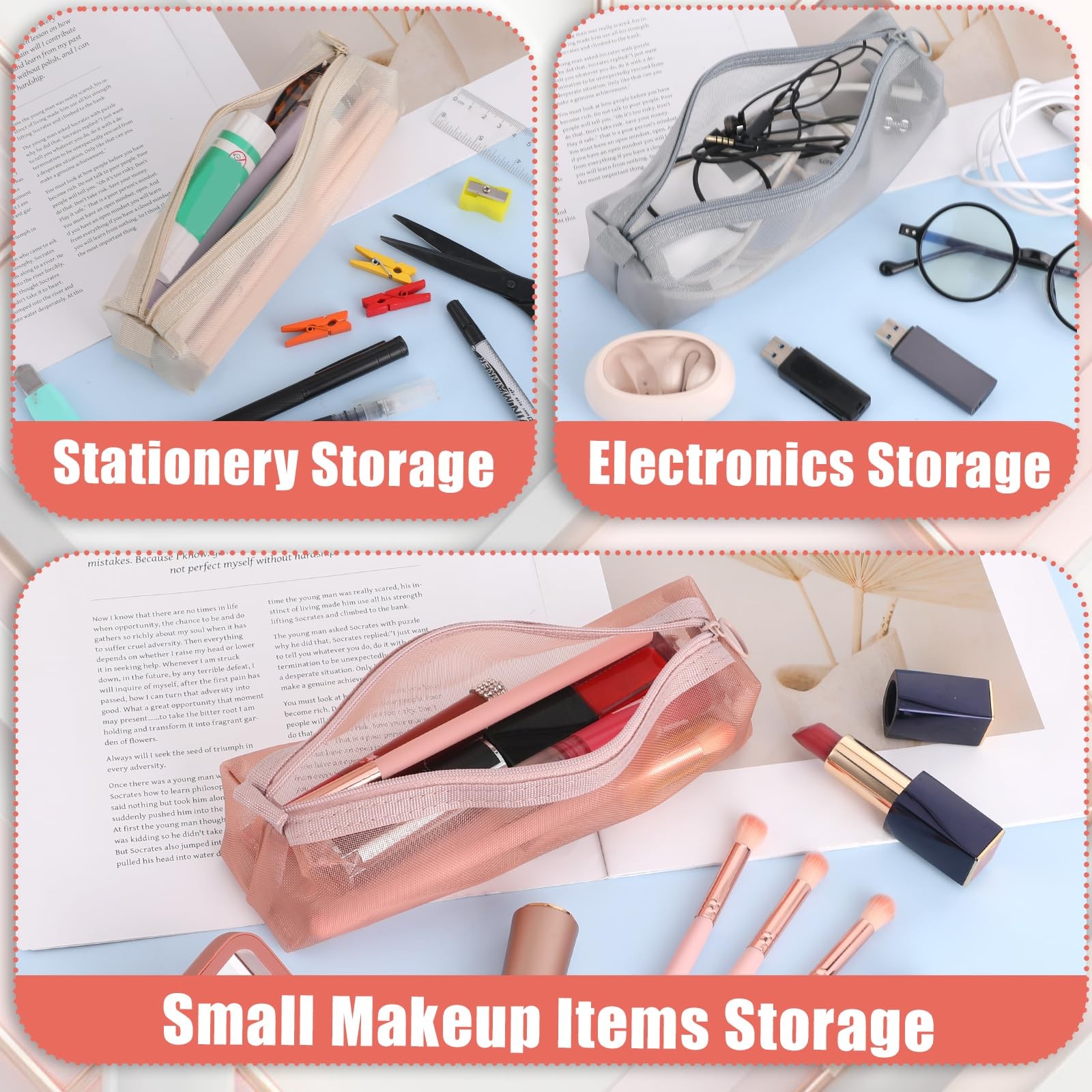 Piriuuo 3Pcs Mesh 5.5x6x20cm (2.16×2.36×7.87 inches), Pink, Gray, Khaki