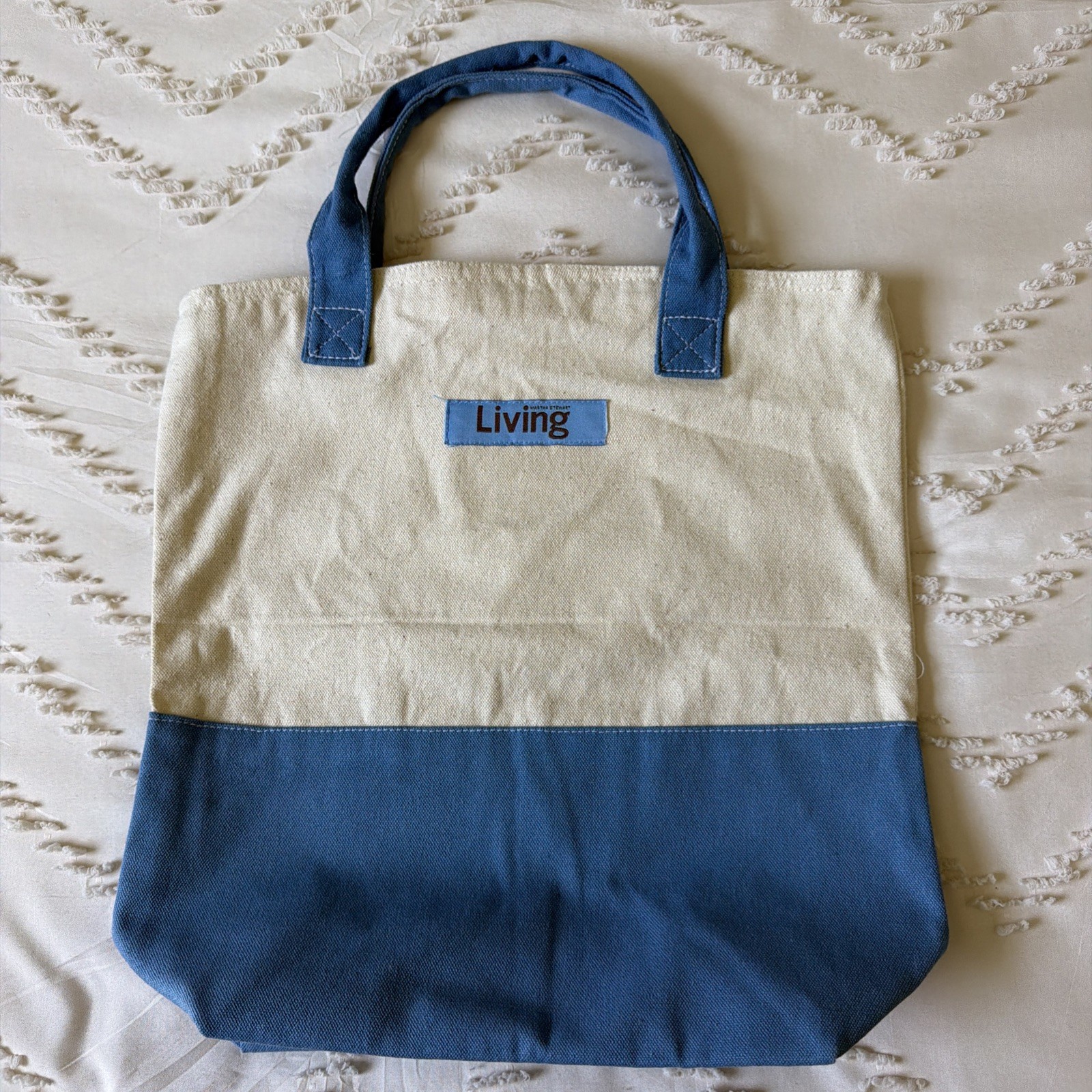 Martha Stewart Living Small Tote Canvas Blue White Reusable Shopping Book Bag