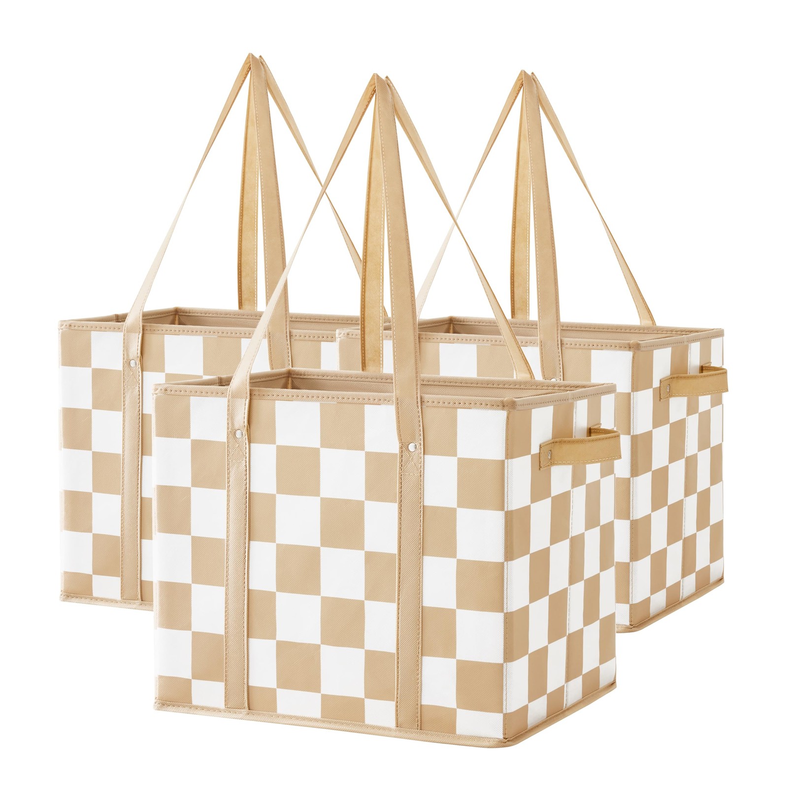 Biege Checkered Reusable Grocery Bags Heavy Duty 3 Pack Checkerboard Foldable…