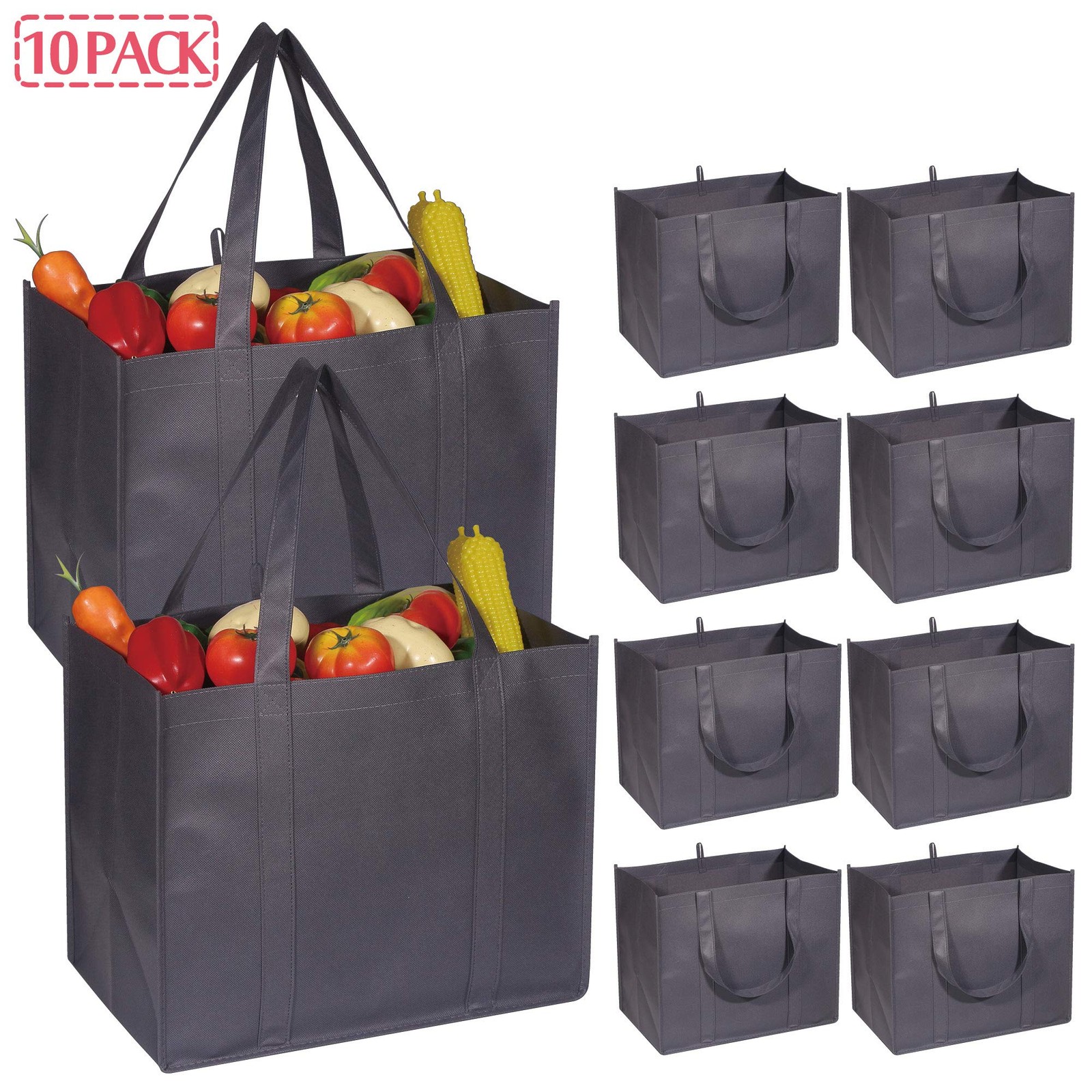 Grey 10 Pack Extra Large Super Strong Heavy Duty Reusable Grocery Shopping Tote