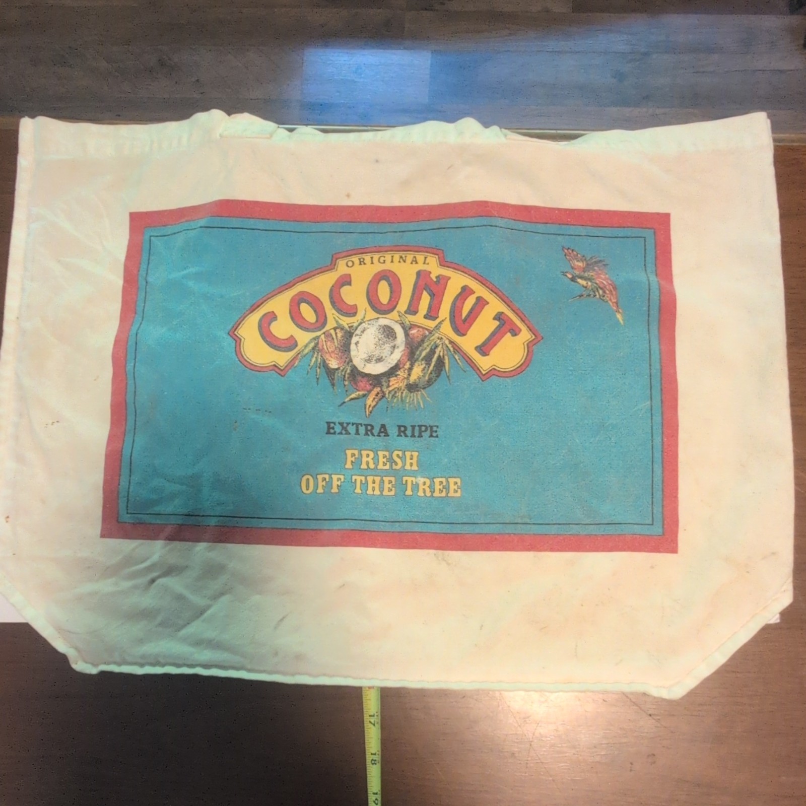Vintage Canvas Tote Bag *Original Coconut* -Coconut Graphic Print 22 x 16 -Red