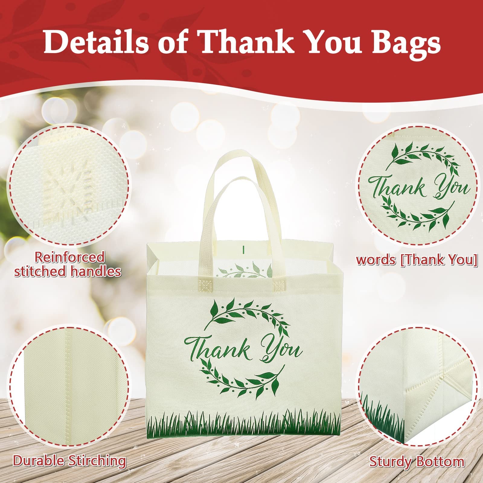 50 PCS Thank You Tote Bags Reusable Non Woven Foldable 12.6 x 6.3 x 11.8 Inch