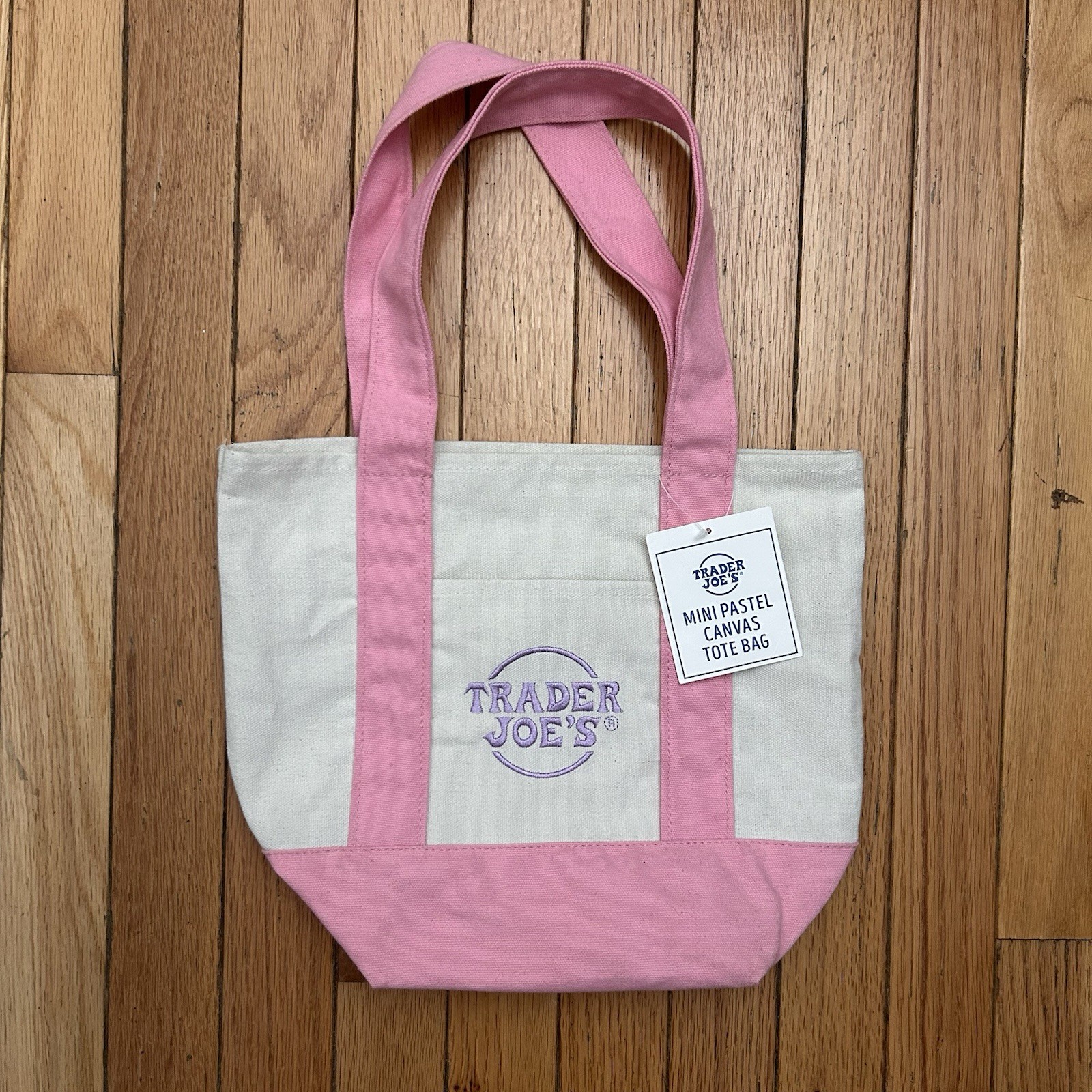Trader Joe’s Pink And White Mini Tote Bag With Green Stitching