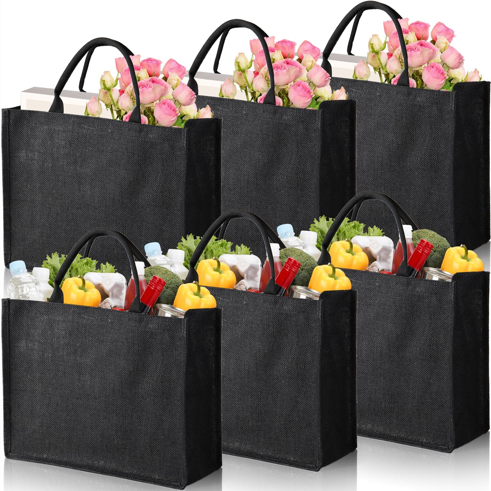 6 PCS Large Jute Burlap Tote Bag Black Laminated Interior 15.4×12.2×5.9 In