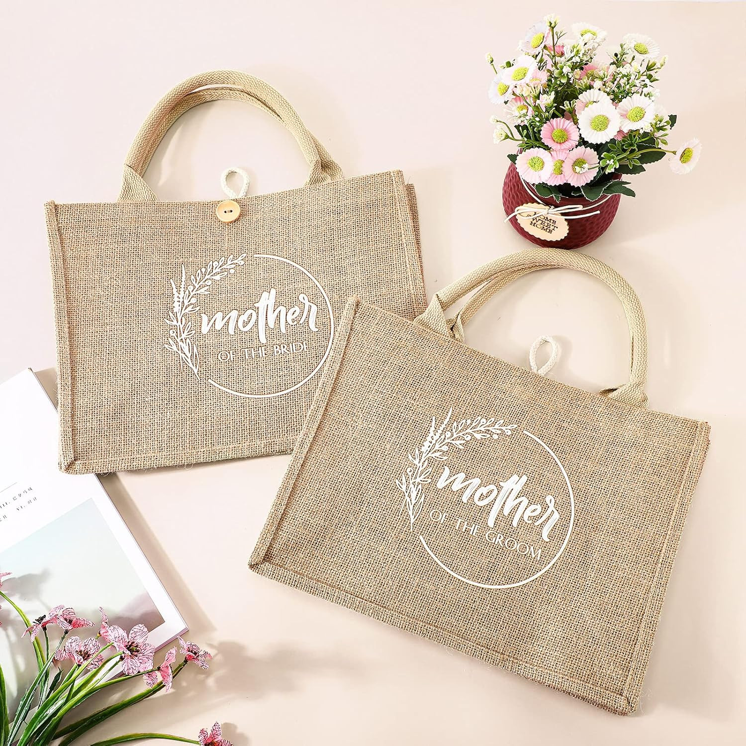 2 Pcs Mother of Bride Groom Bags Wedding Bridal Shower Gifts Burlap Jute Tote Ba