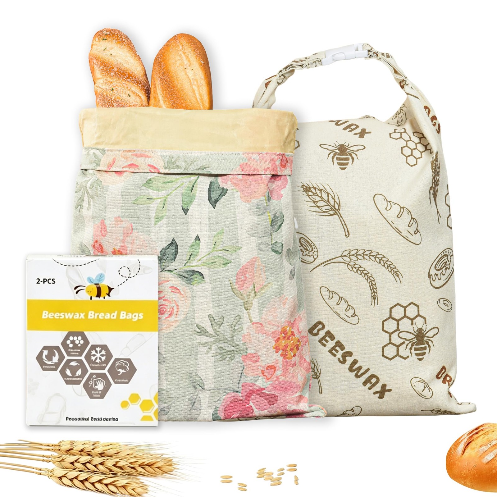 2 Pack XL Bees Wax Bread Bags Floral Bee Print,Reusable Food offwhite