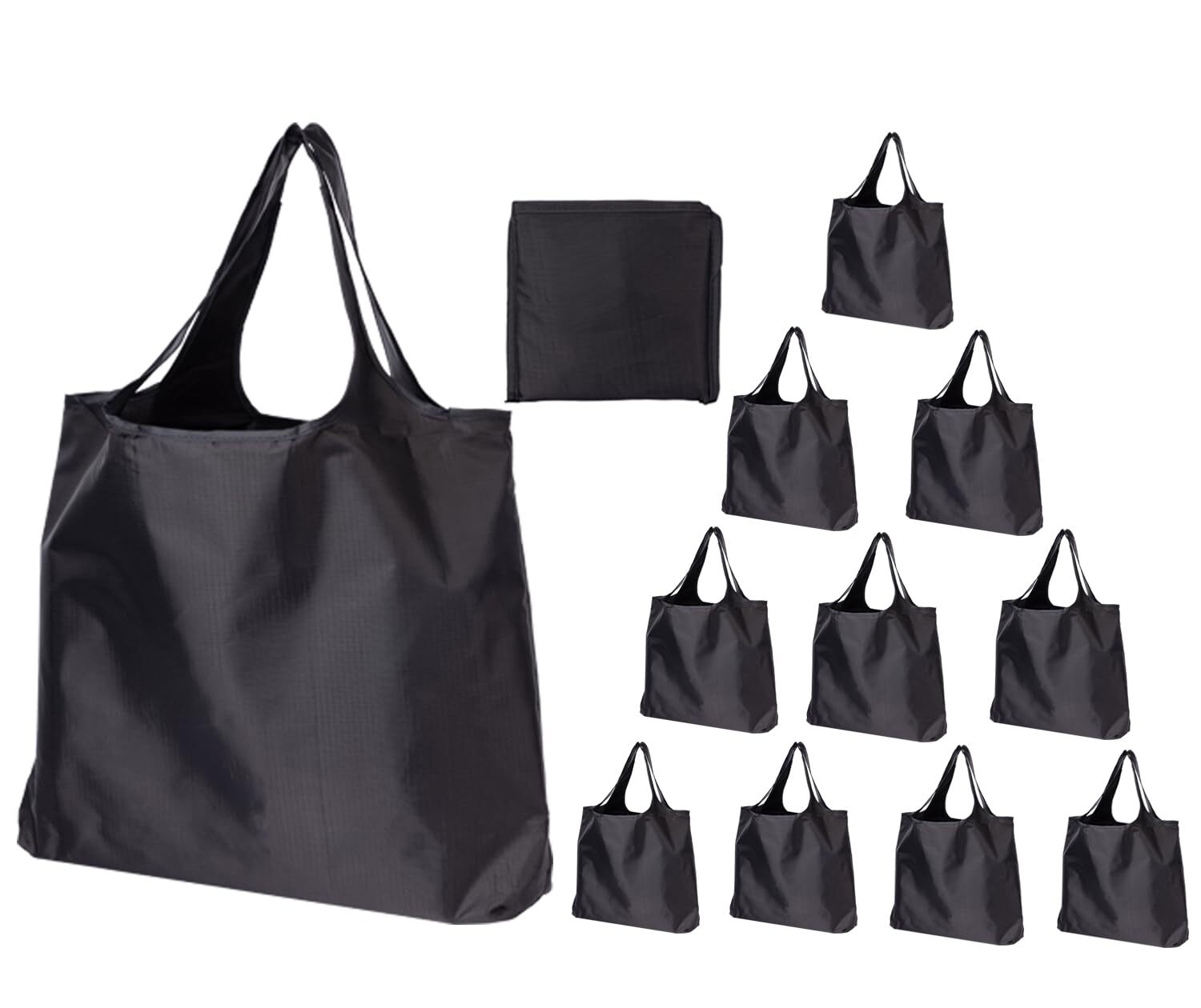 10 Pack Black Reusable Grocery Bags 45LB Capacity Foldable Ripstop Polyester