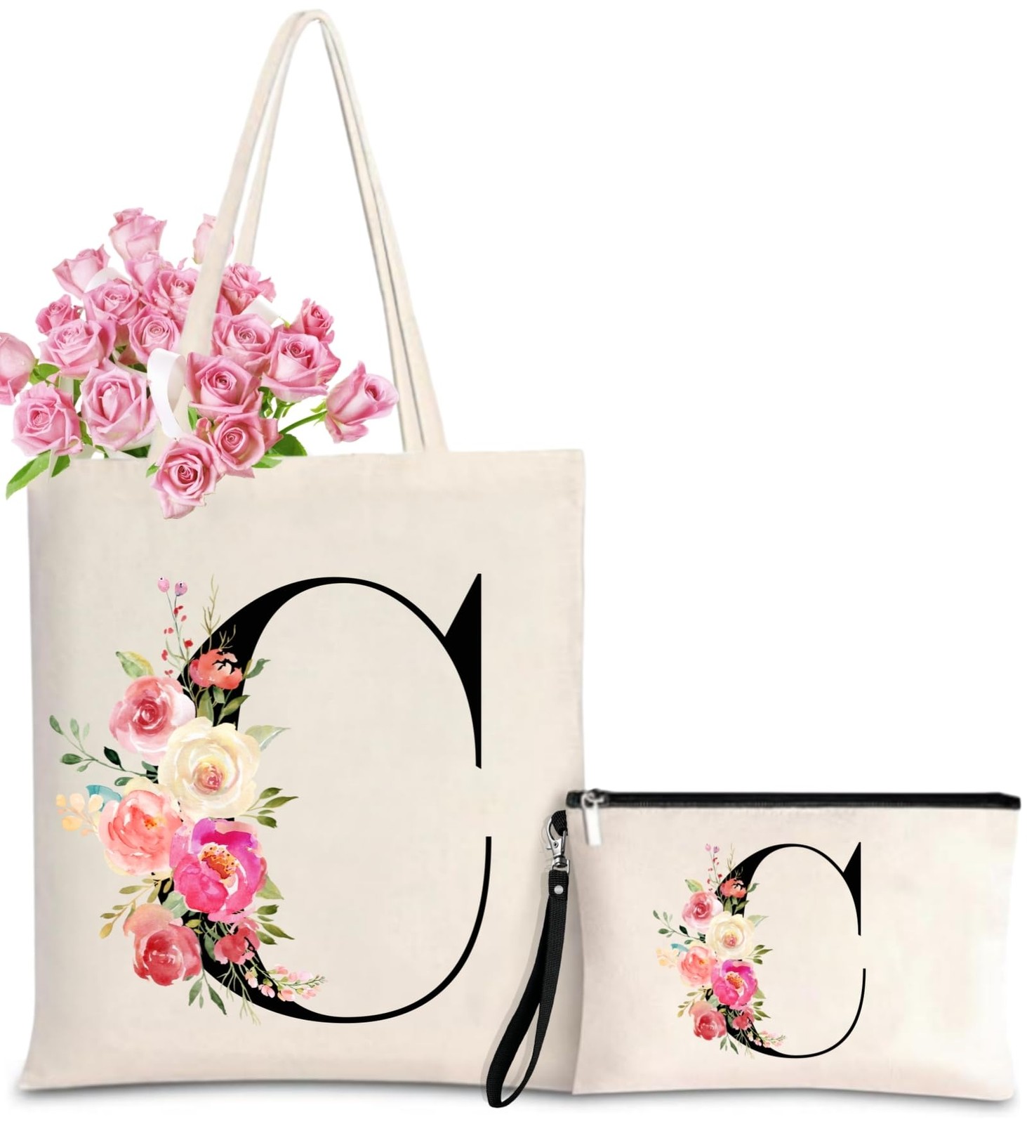 Initial Canvas Tote Bag for Women, Personalized Monogrammed Tote Btags with M…