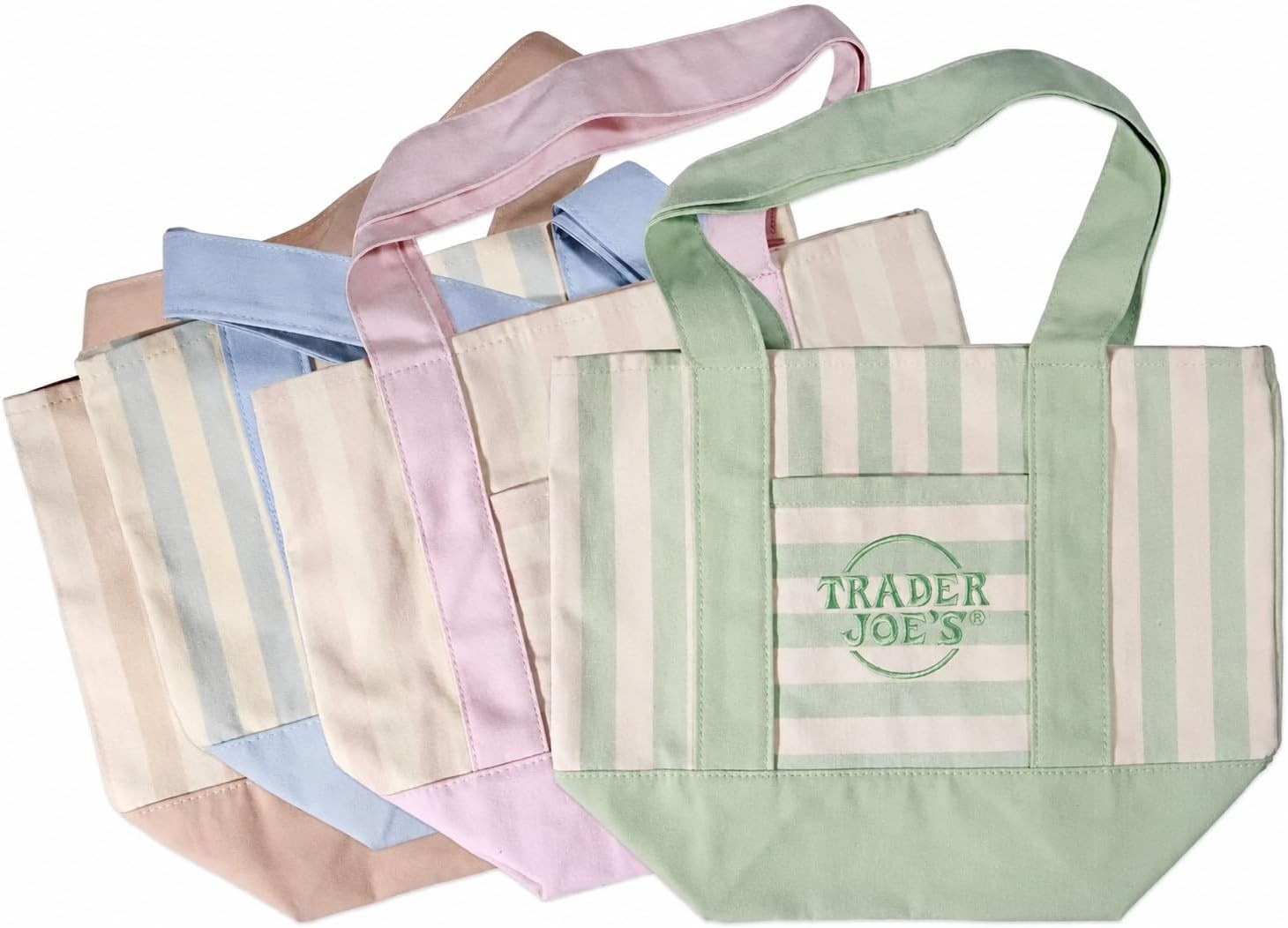 Set of 4 Mini Striped Canvas Tote Bags Pastel Mint Green Pink Light Blue & Beige