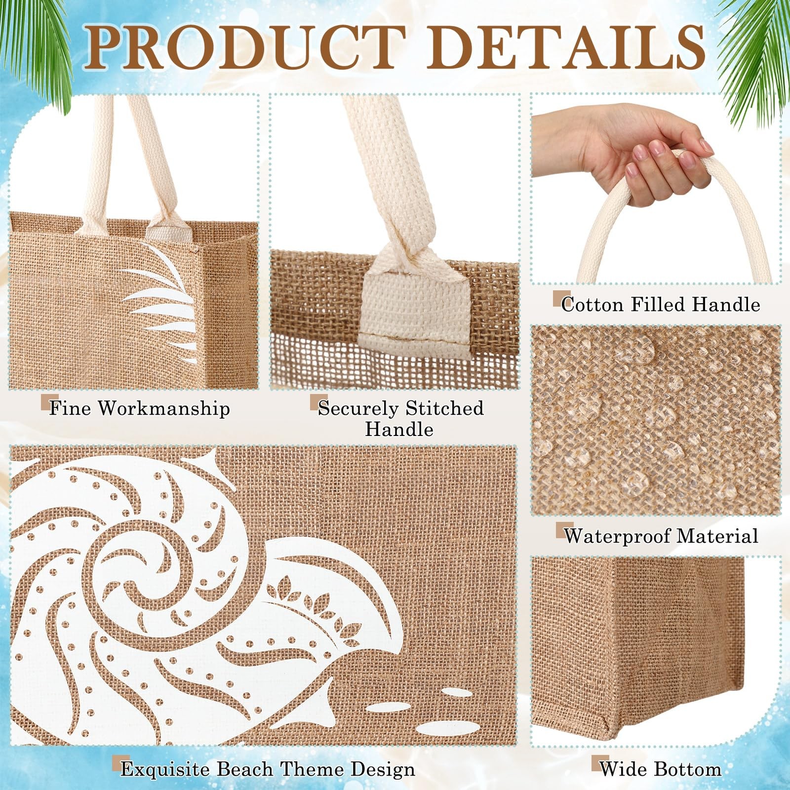 6 PCS Beach Burlap Tote Bags Bulk Large Handles 14.2×12.6×7.5 Inch Main White