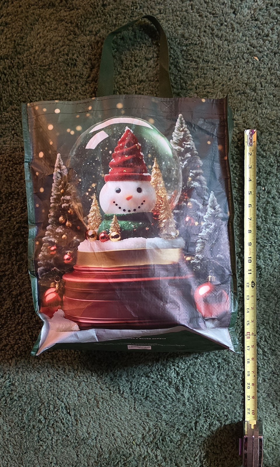 Snowman Snow Globe ShopRite Reusable Shopping Bag Pine Green Limitd Edition Xmas
