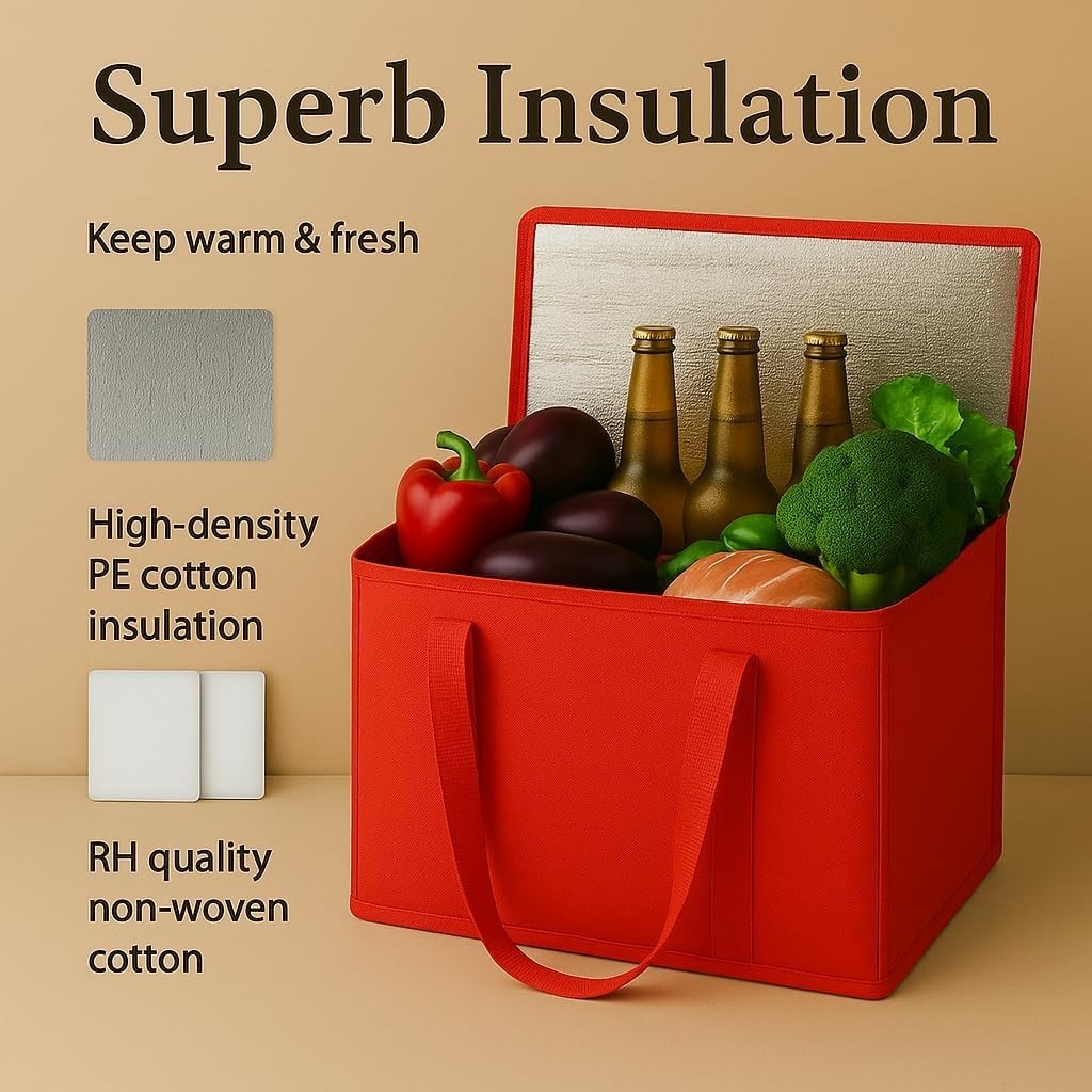 2-Pack XL-Large Insulated Grocery Shopping Bags, Red, Reusable, Heavy Duty, Z…