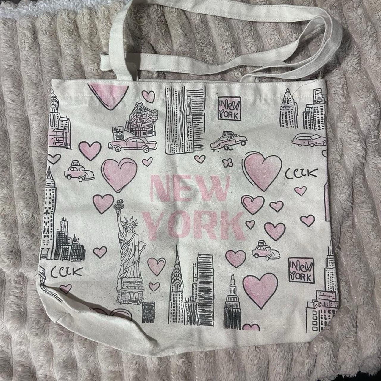 New York City Print Large Canvas Tote Bag Reusable Foldable White Pink 25L