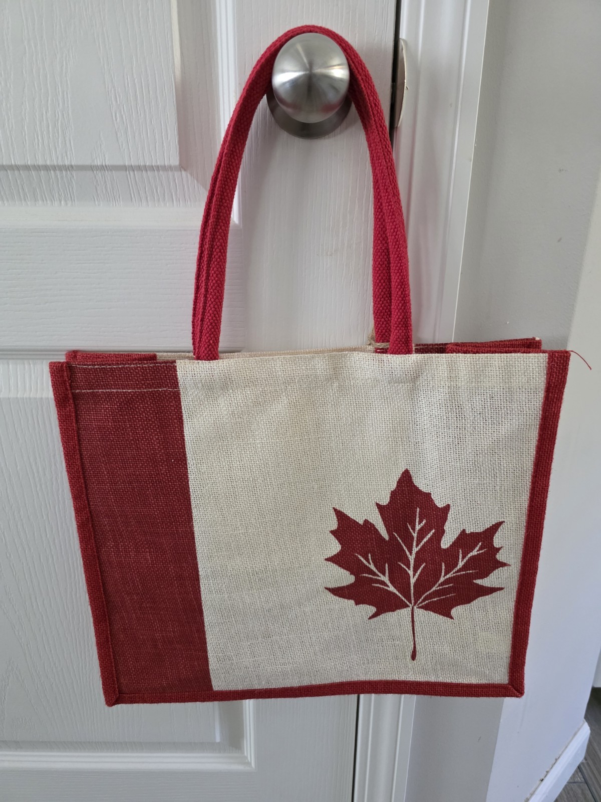 Magenta Eco-Friendly Jute Canada Leaf Reusable Shopping Bag Red Beige
